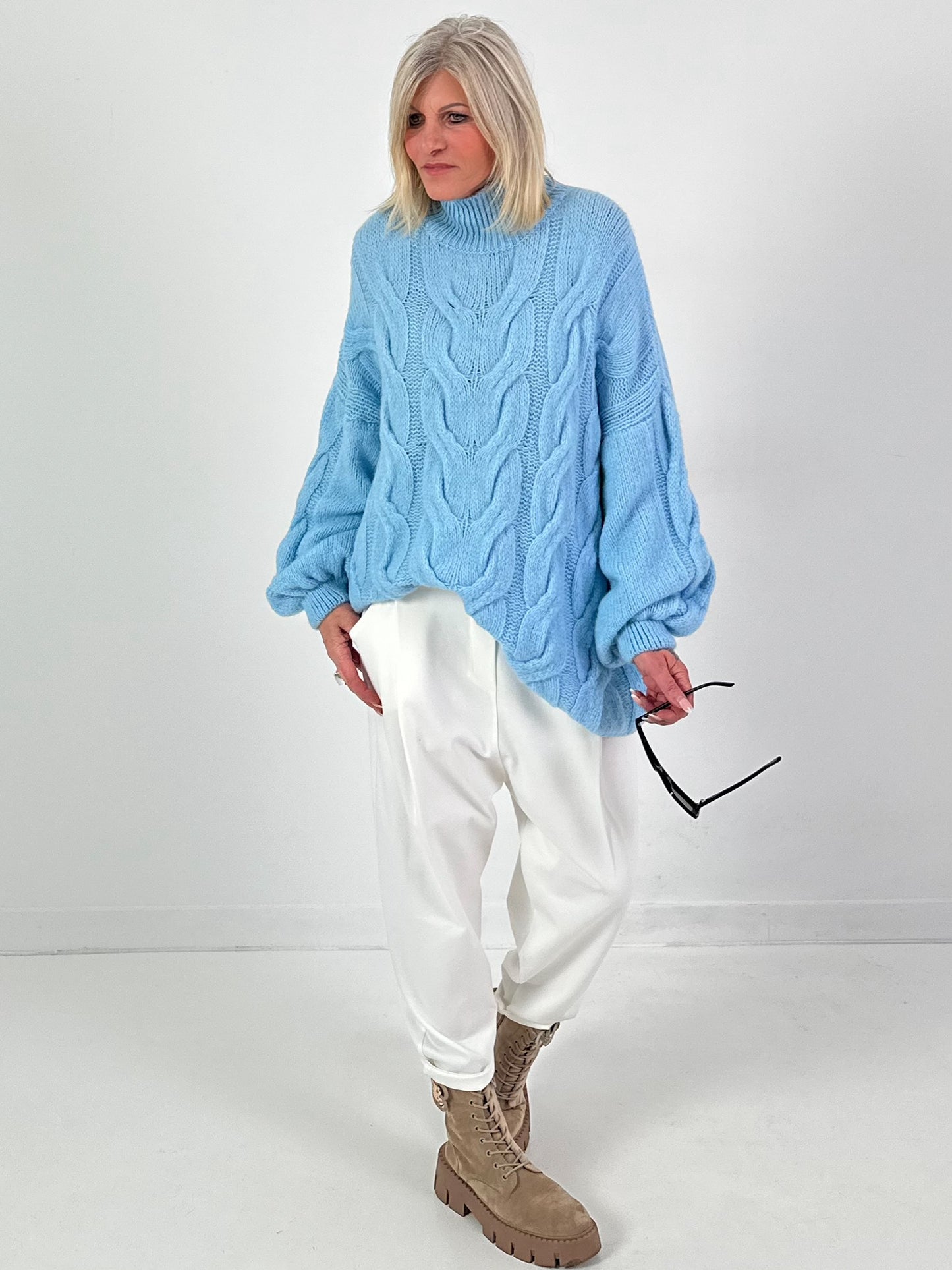 Casual cable-knit sweater, model "Pure Cable" - ice blue