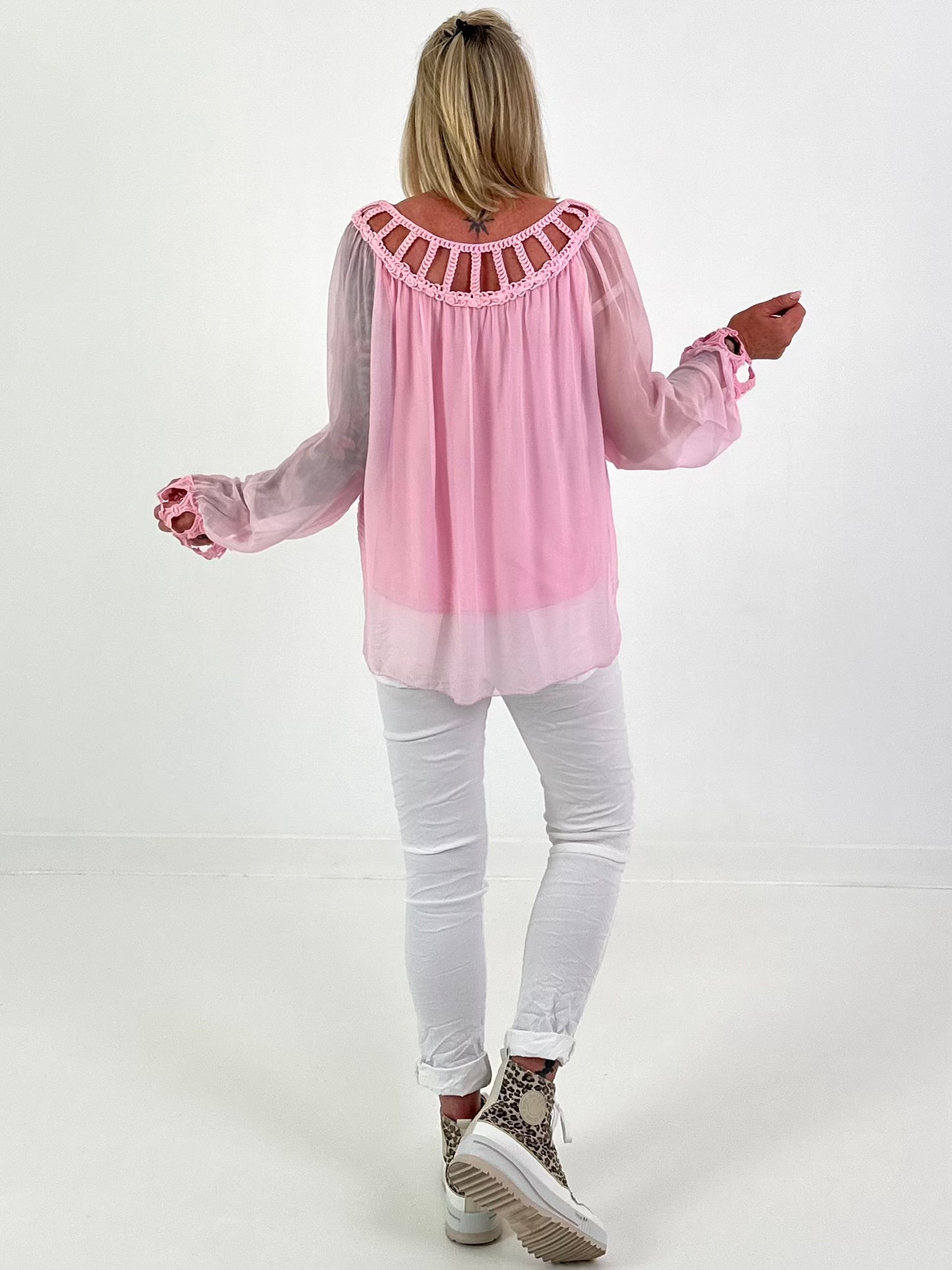 Silk Tunic with Crochet Neckline - Pink