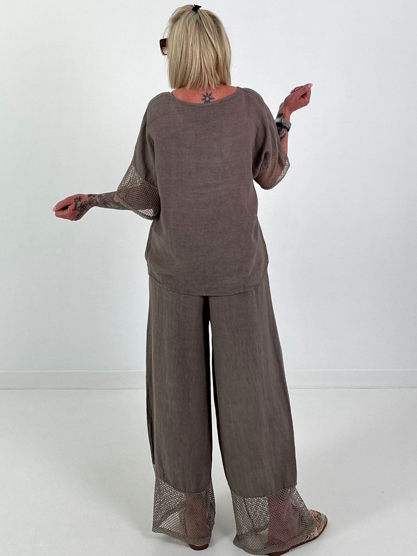Leinen Shirt mit kurzen Ärmeln - taupe