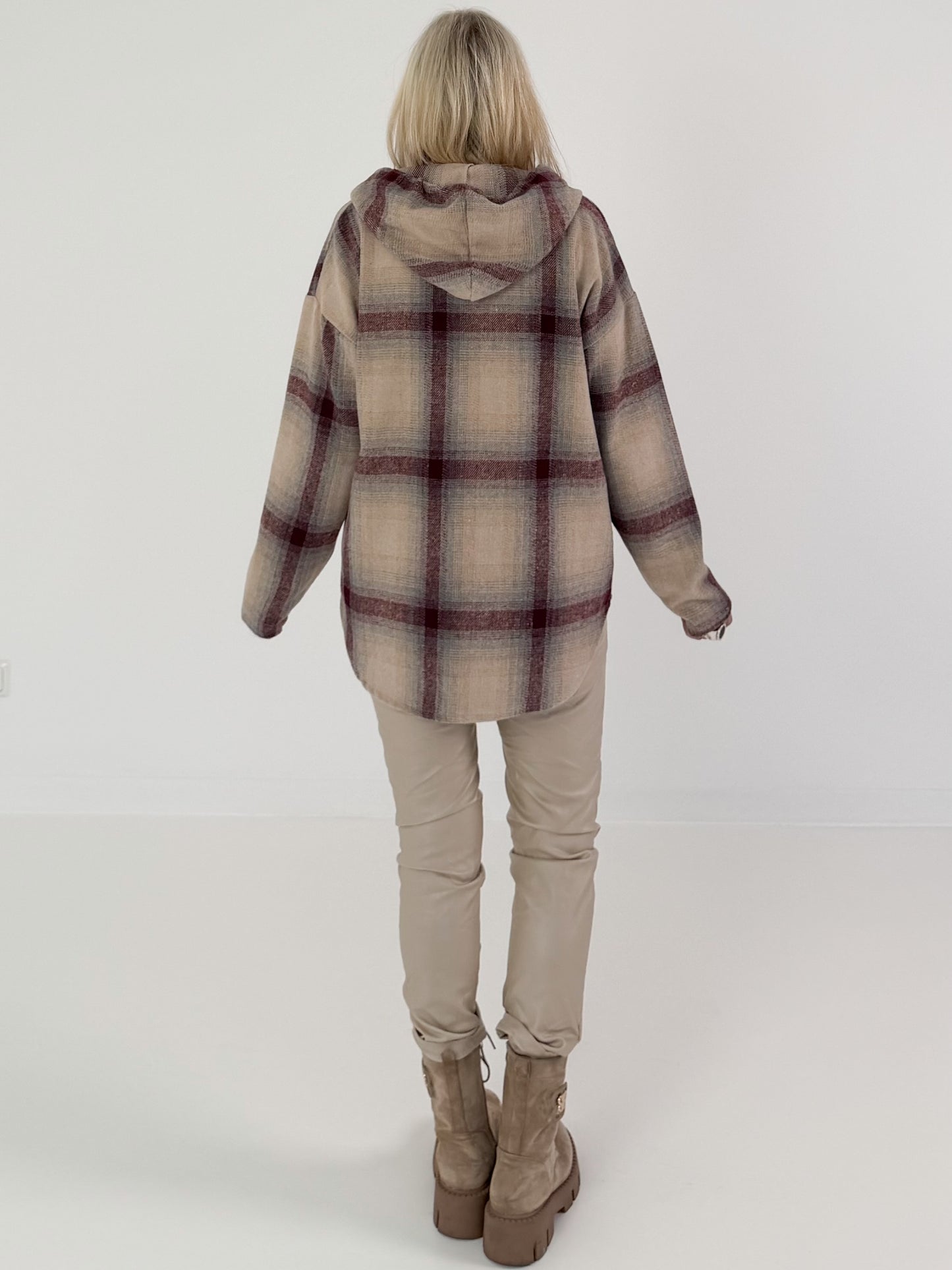 Plaid hooded shacket - beige-bordeaux-multicolored