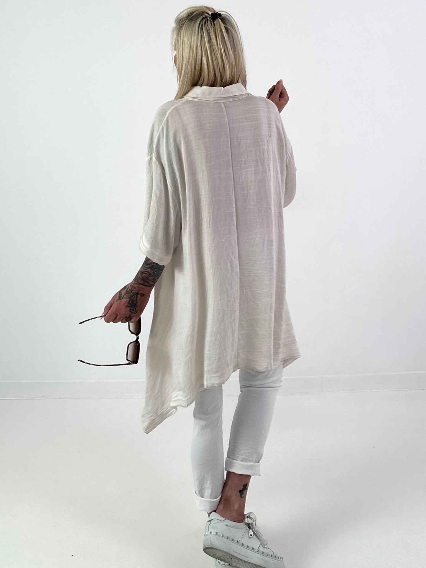 Oversized asymmetrical blouse with tie - beige