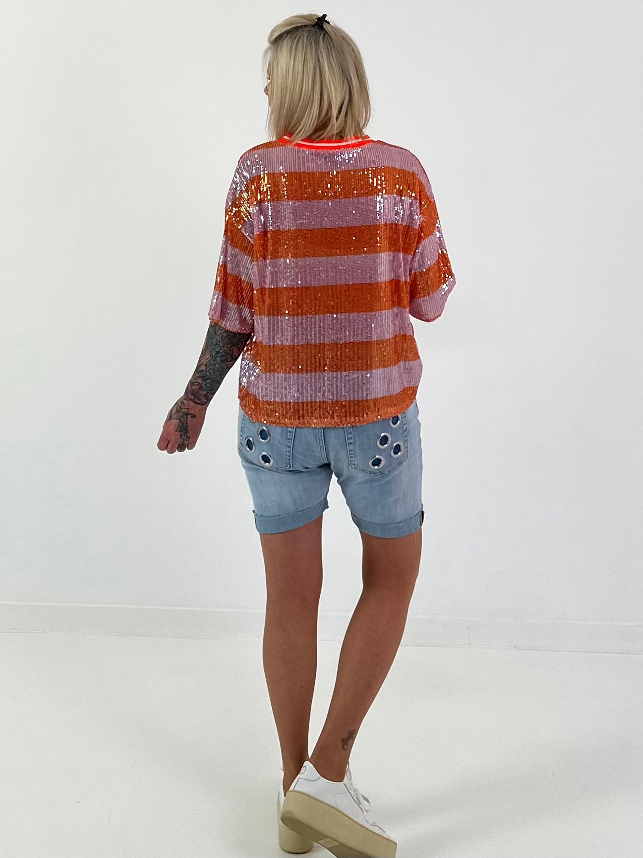 Pailletten Shirt mit Streifen - rosa-orange