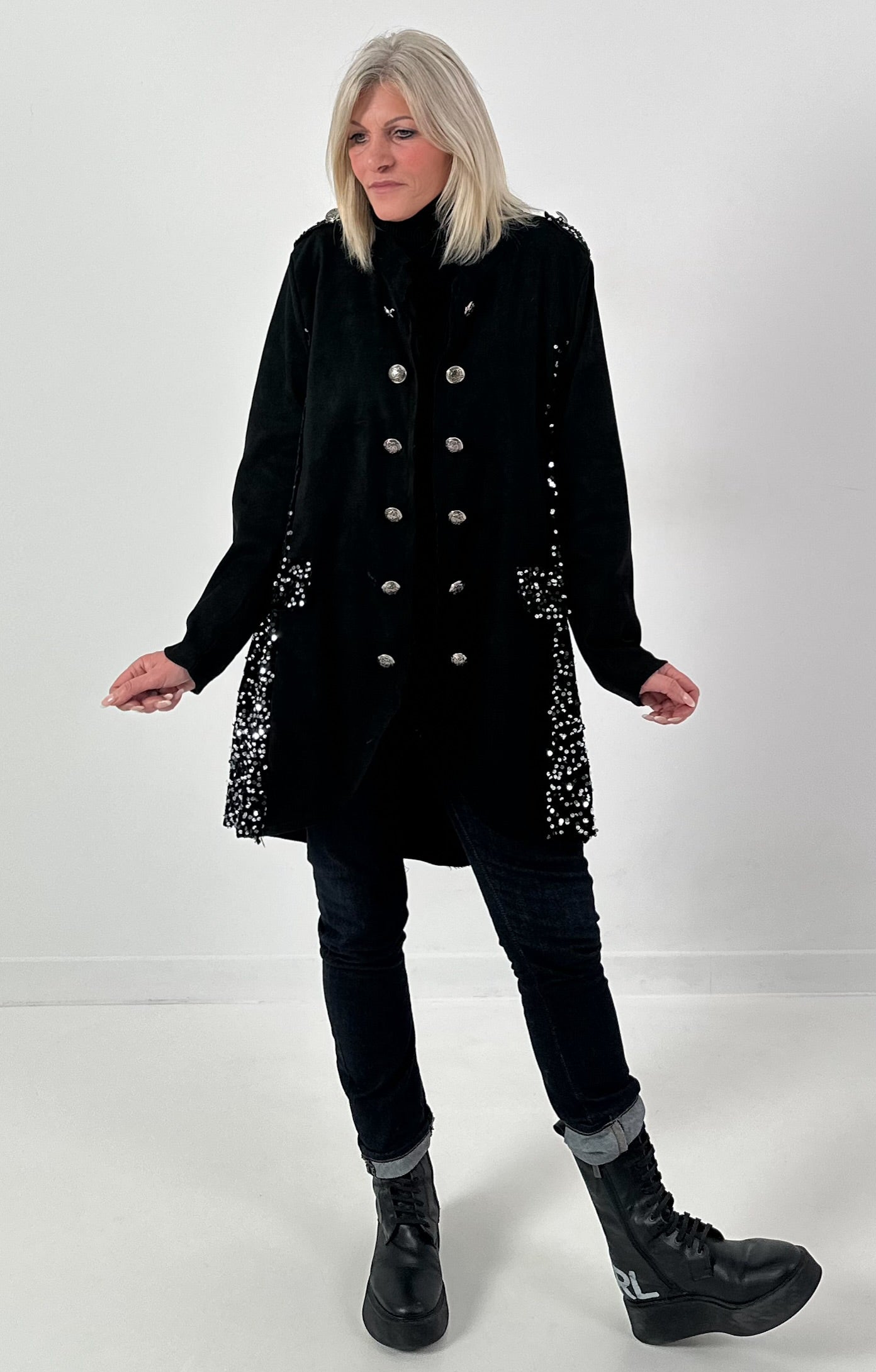 Militair jasje in suèdelook, model "Shine Commander" - zwart