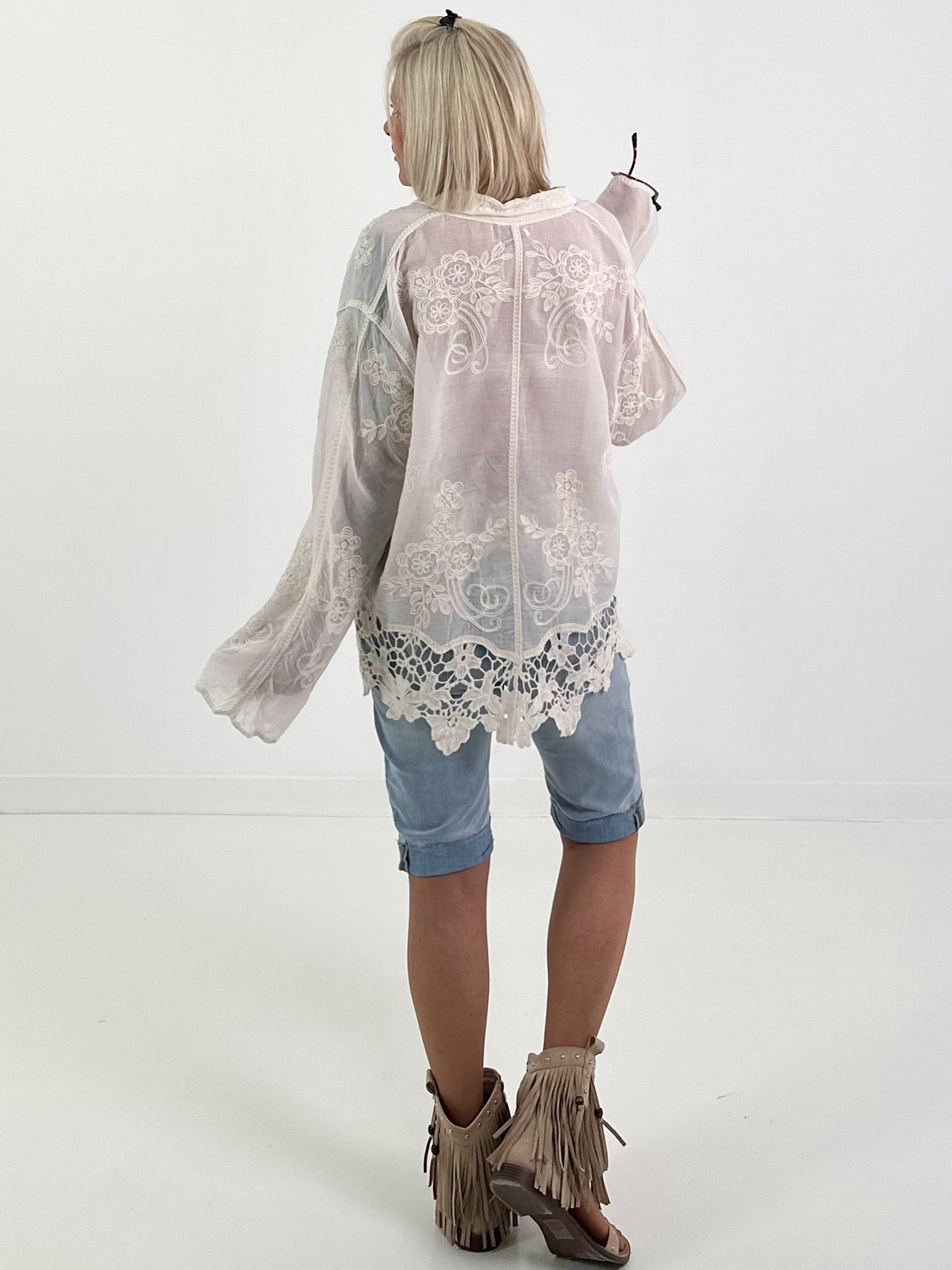Boho Blouse with Crocheted Hem - beige