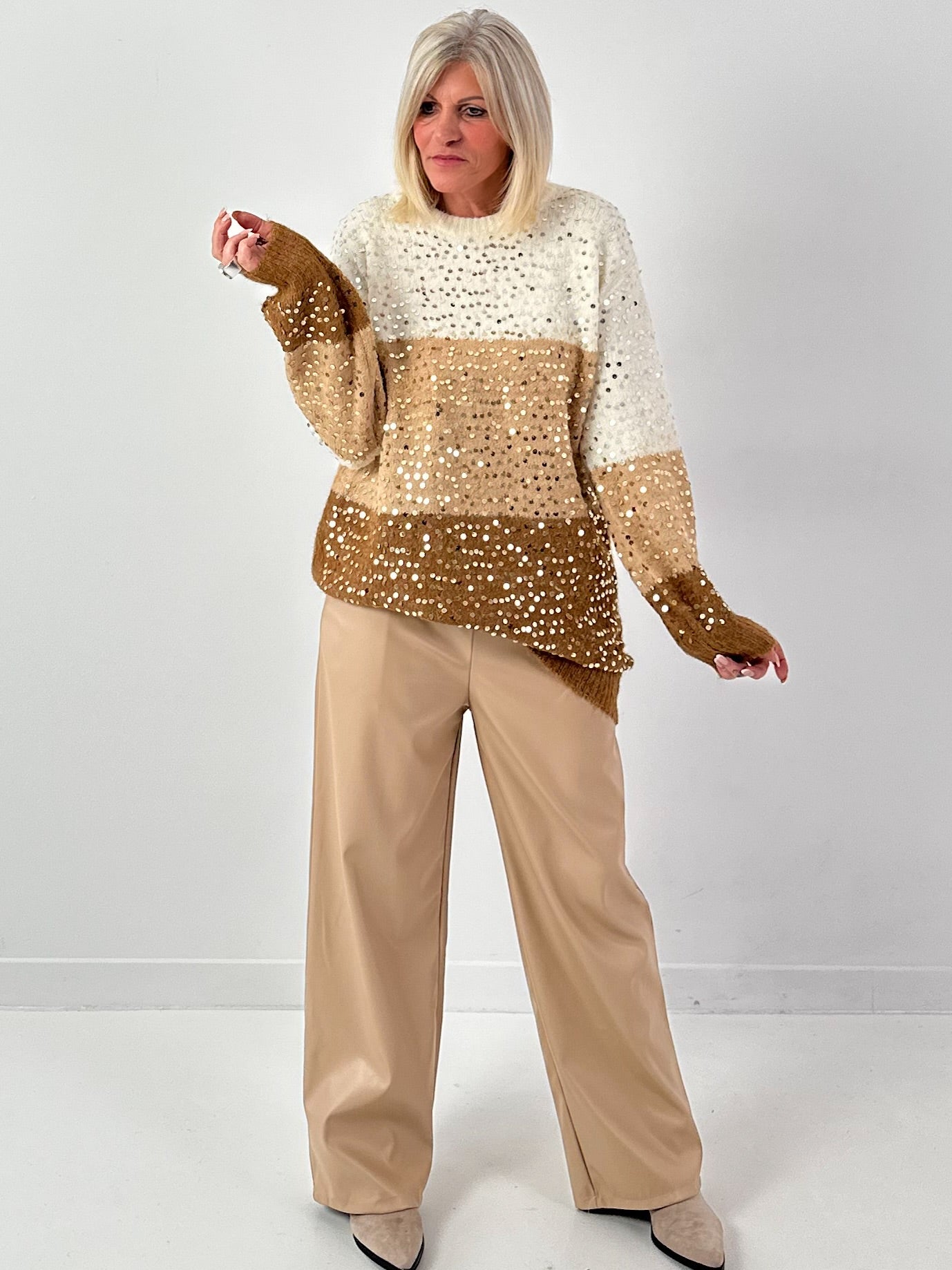 Long pullover model "Block Spark" - brown-multicoloured