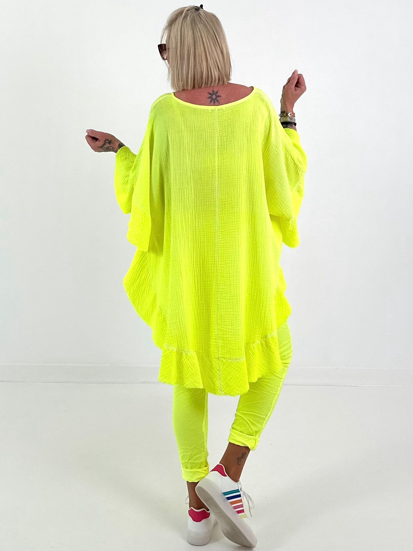 Musselin Tunika mit Volants - neongelb