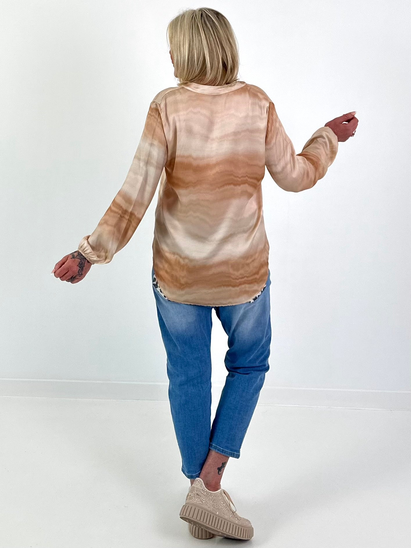 Silk tunic with gradient and heart details - beige multi-colored