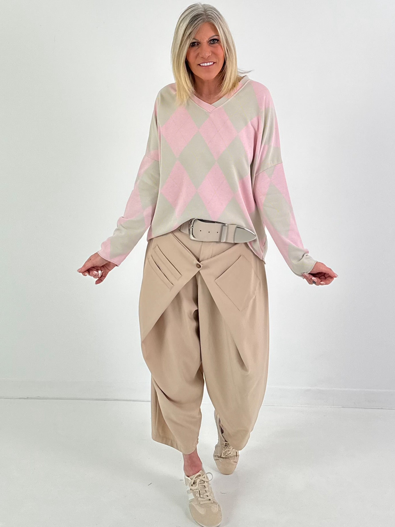 Sweater im Rautenmuster - beige-rosa