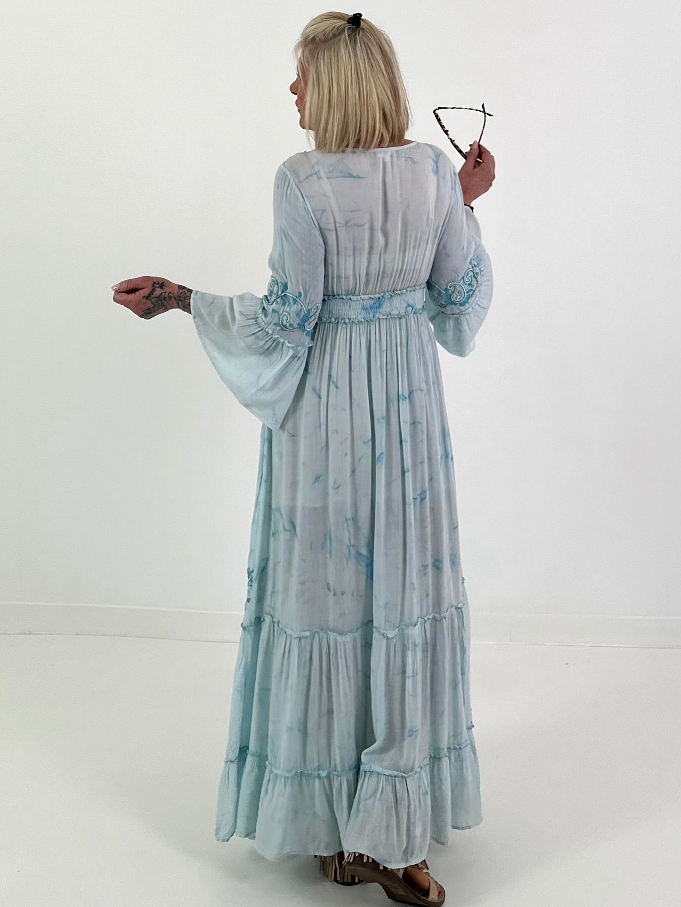 Boho/Ibiza dress with decorative V-neck - light blue