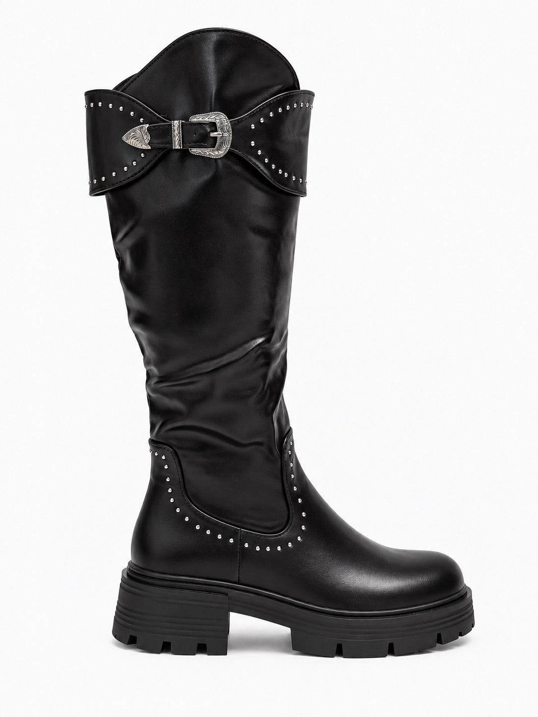 Statement-Stiefel in Lederoptik mit Nieten - schwarz