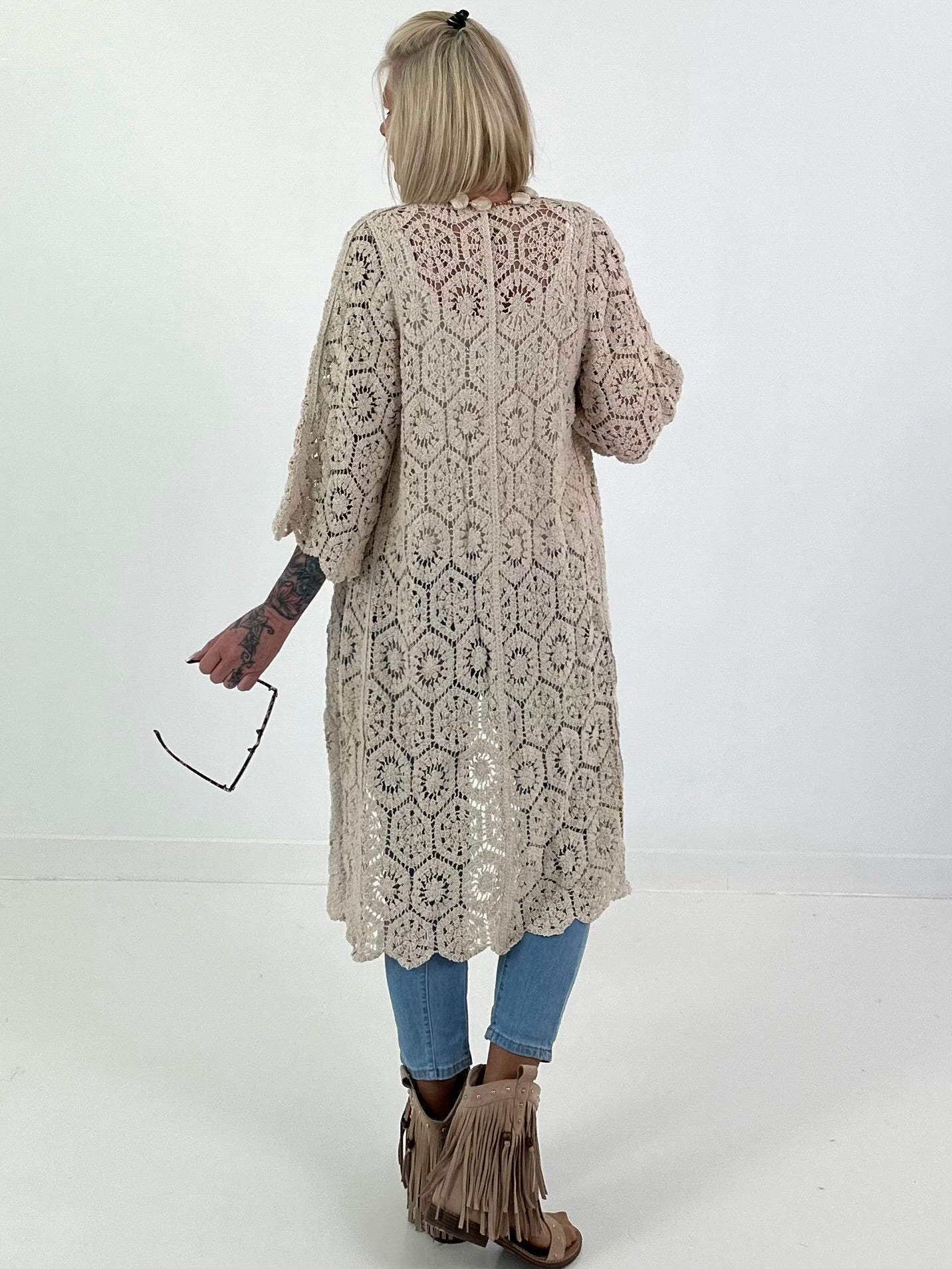 Häkelmantel zum Binden - beige