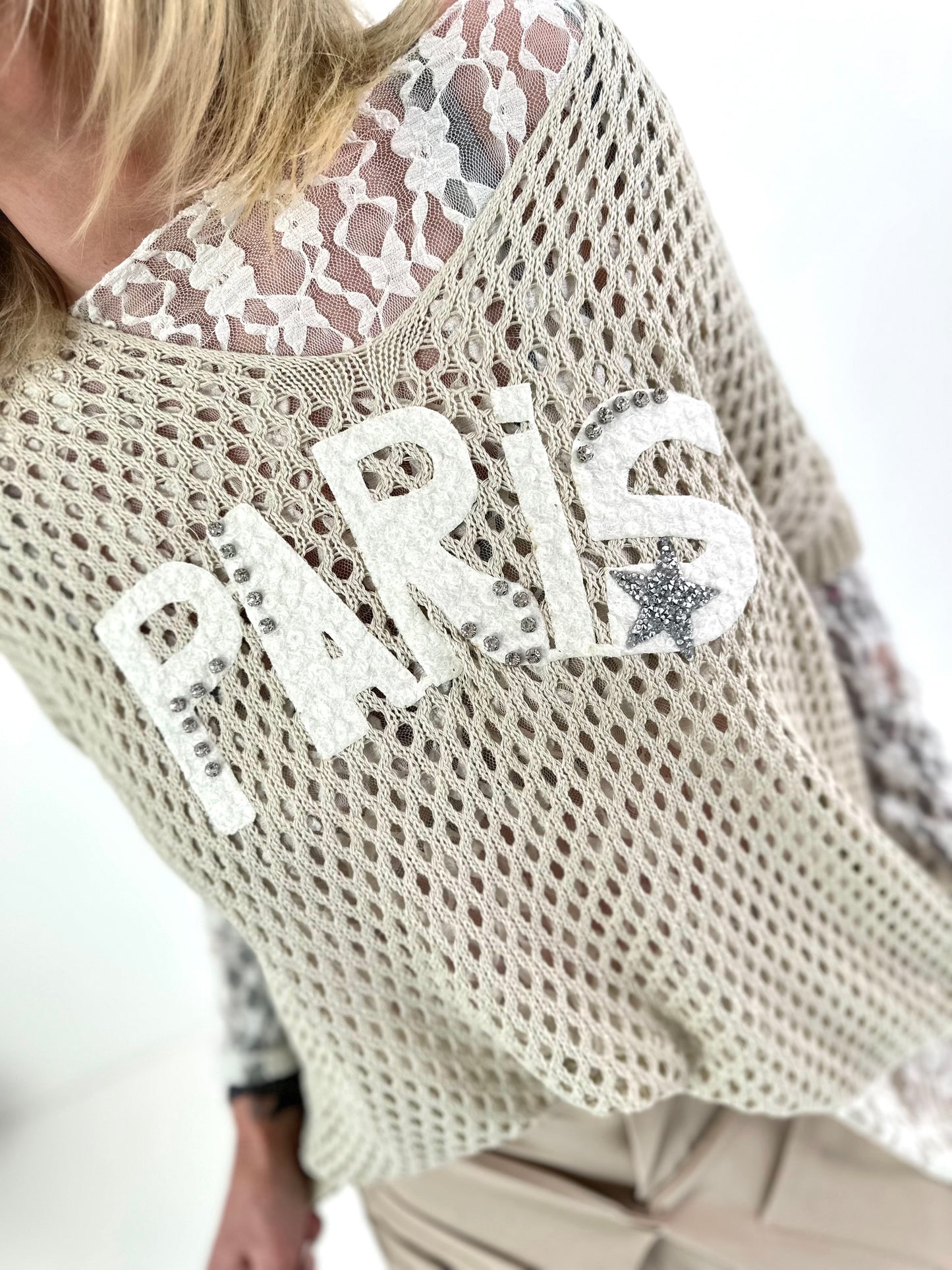 Crochet shirt with print - beige