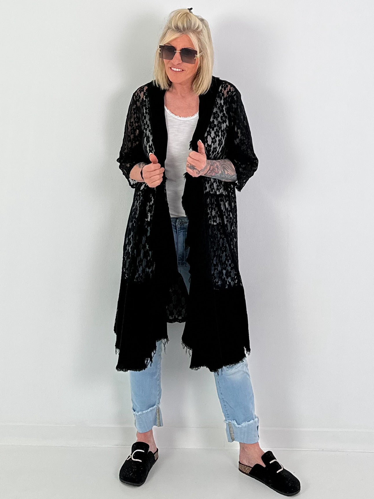Lace coat in a material mix - black