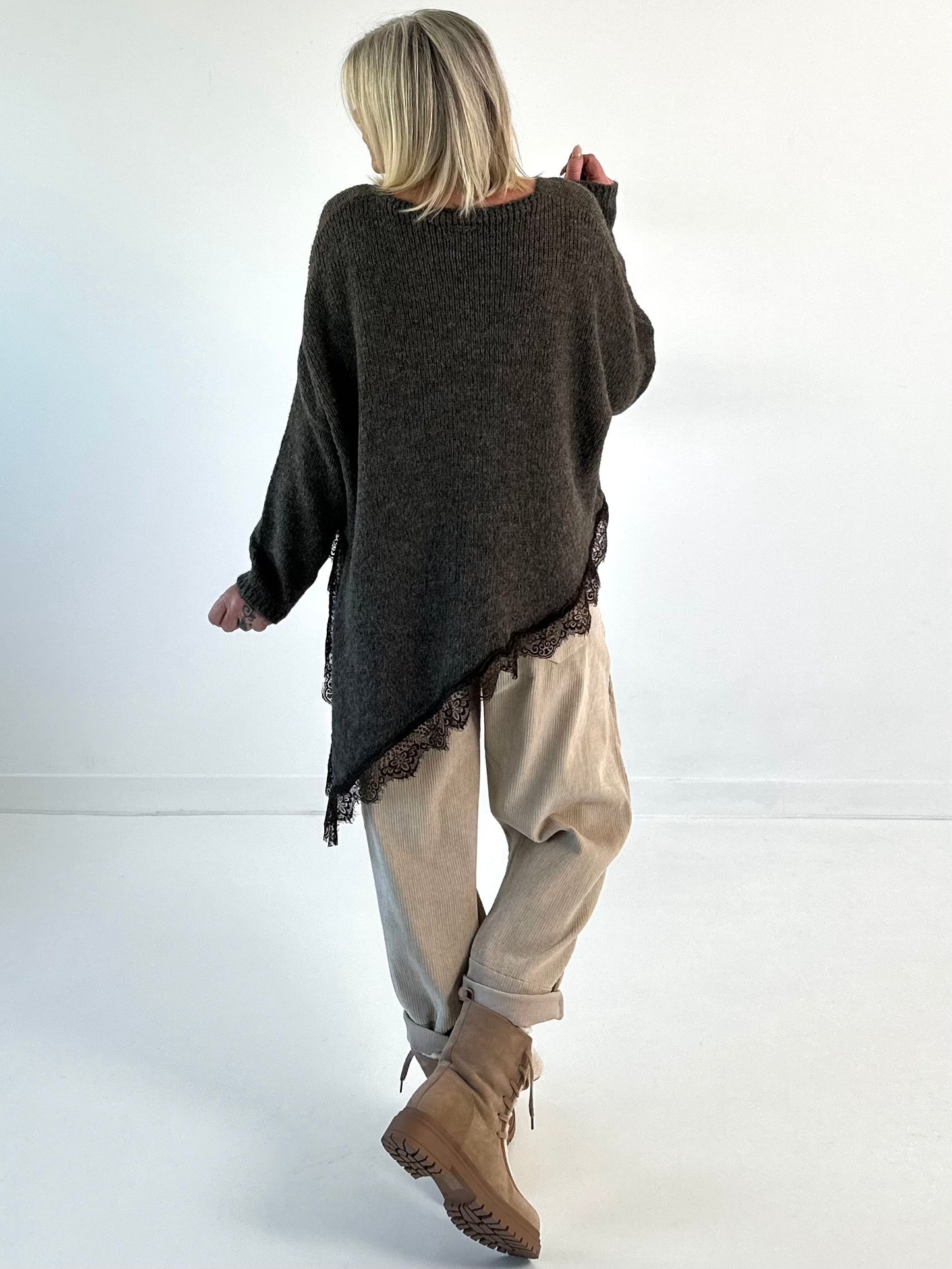 Asymmetrical sweater model "Lace Dream" - brown