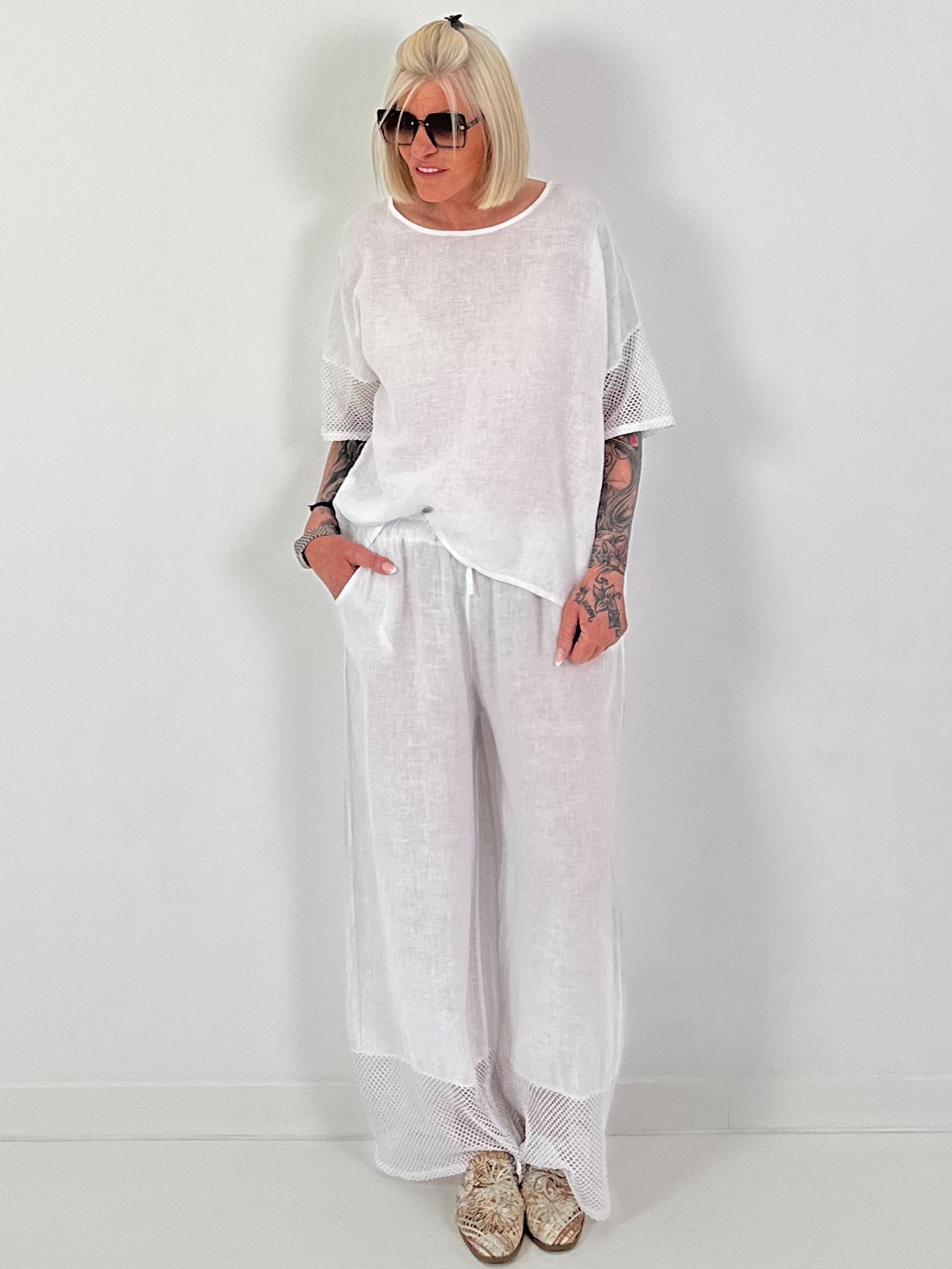 Wide-leg linen trousers - white