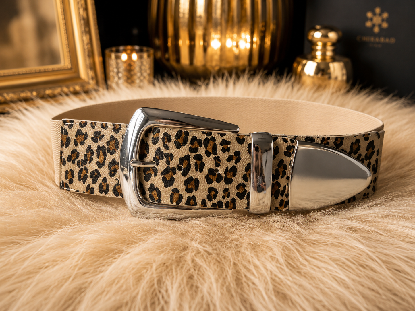 Stretch Gürtel mit silberner Schnalle - leo-beige