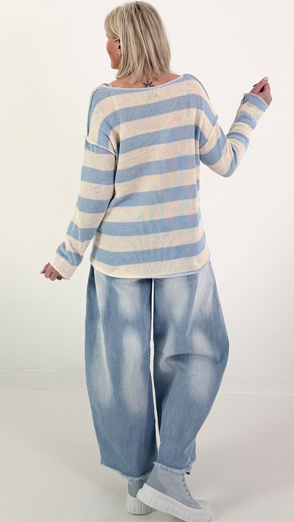 Striped knit sweater Love - light blue and white