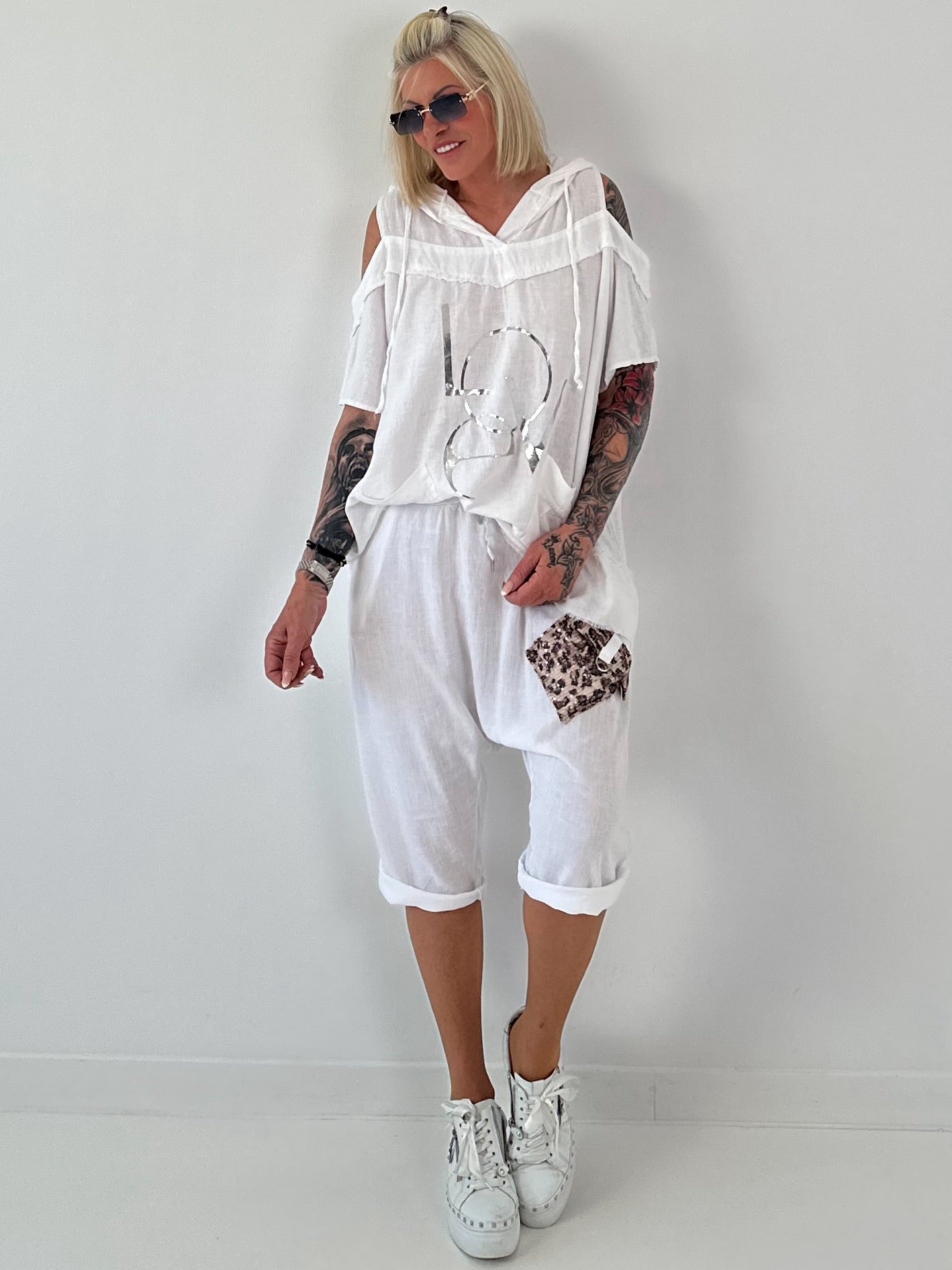 Short linen baggy dress with overlay and sequin details - khaki