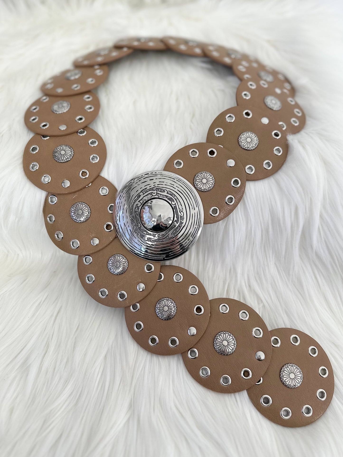 Decorative belt with stud and eyelet details - taupe