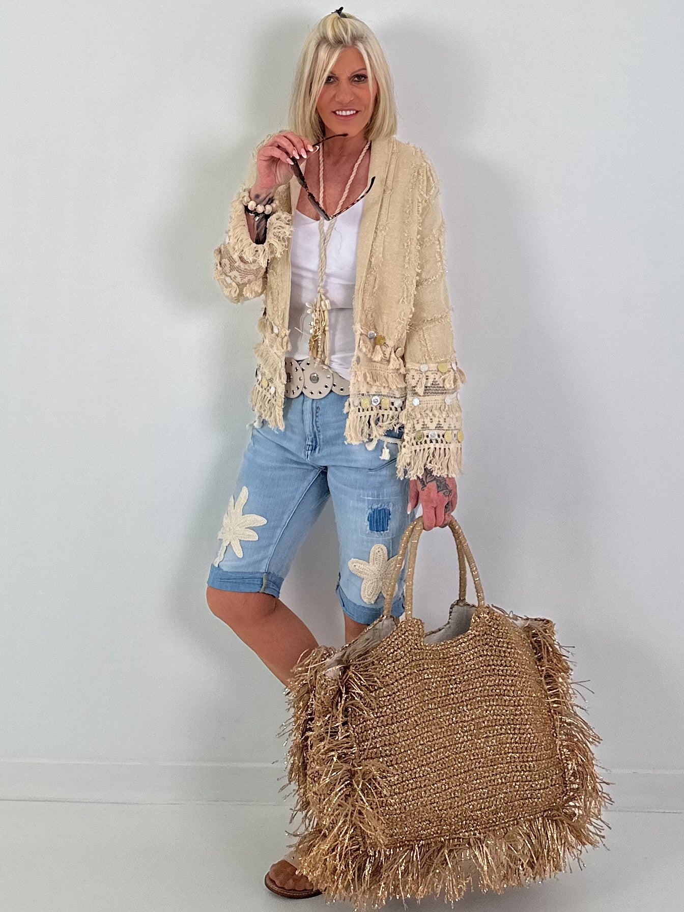 Large crochet bag with Lurex - taupe-gold