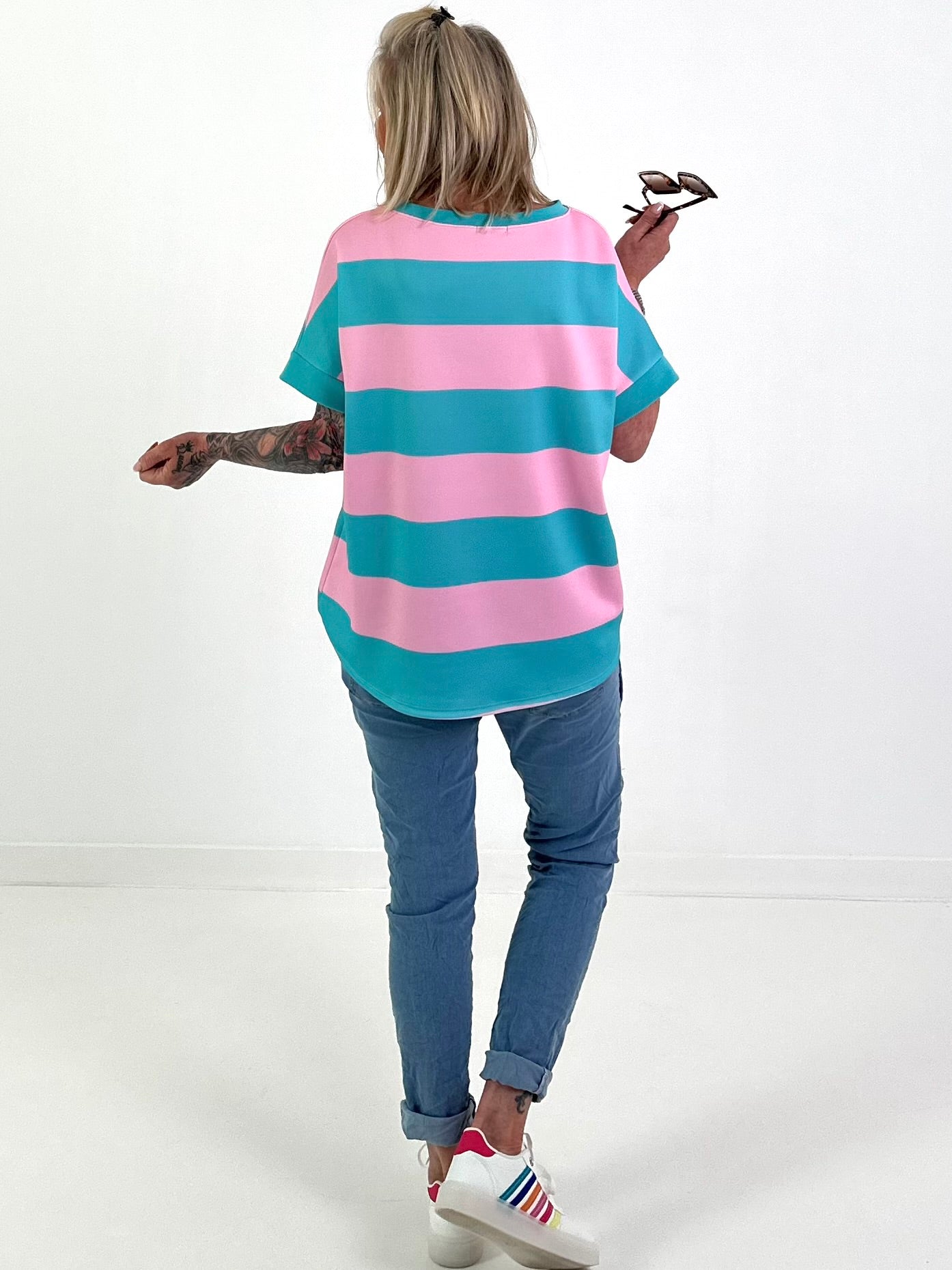 Sweat T-Shirt mit Streifen - türkis-rosa