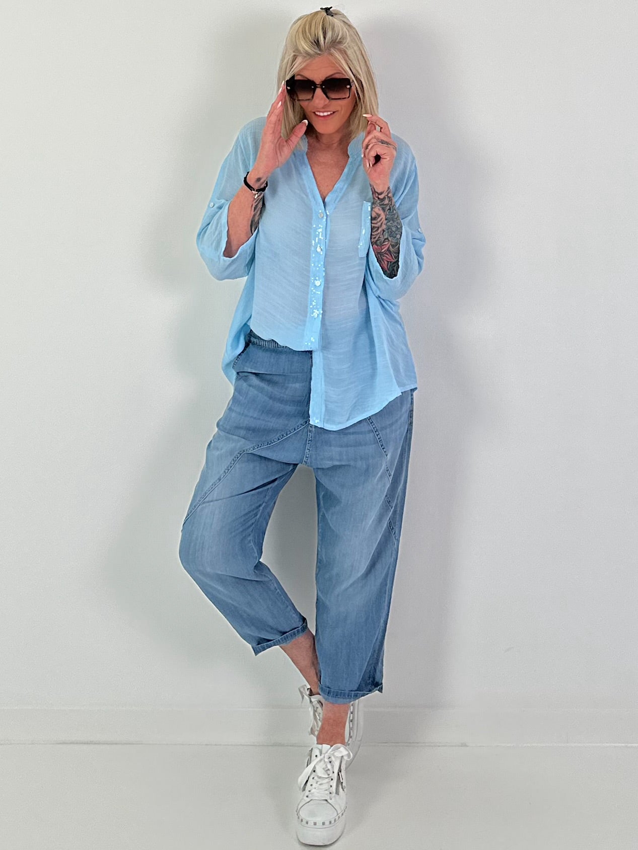 Sequin and crochet detail blouse - light blue