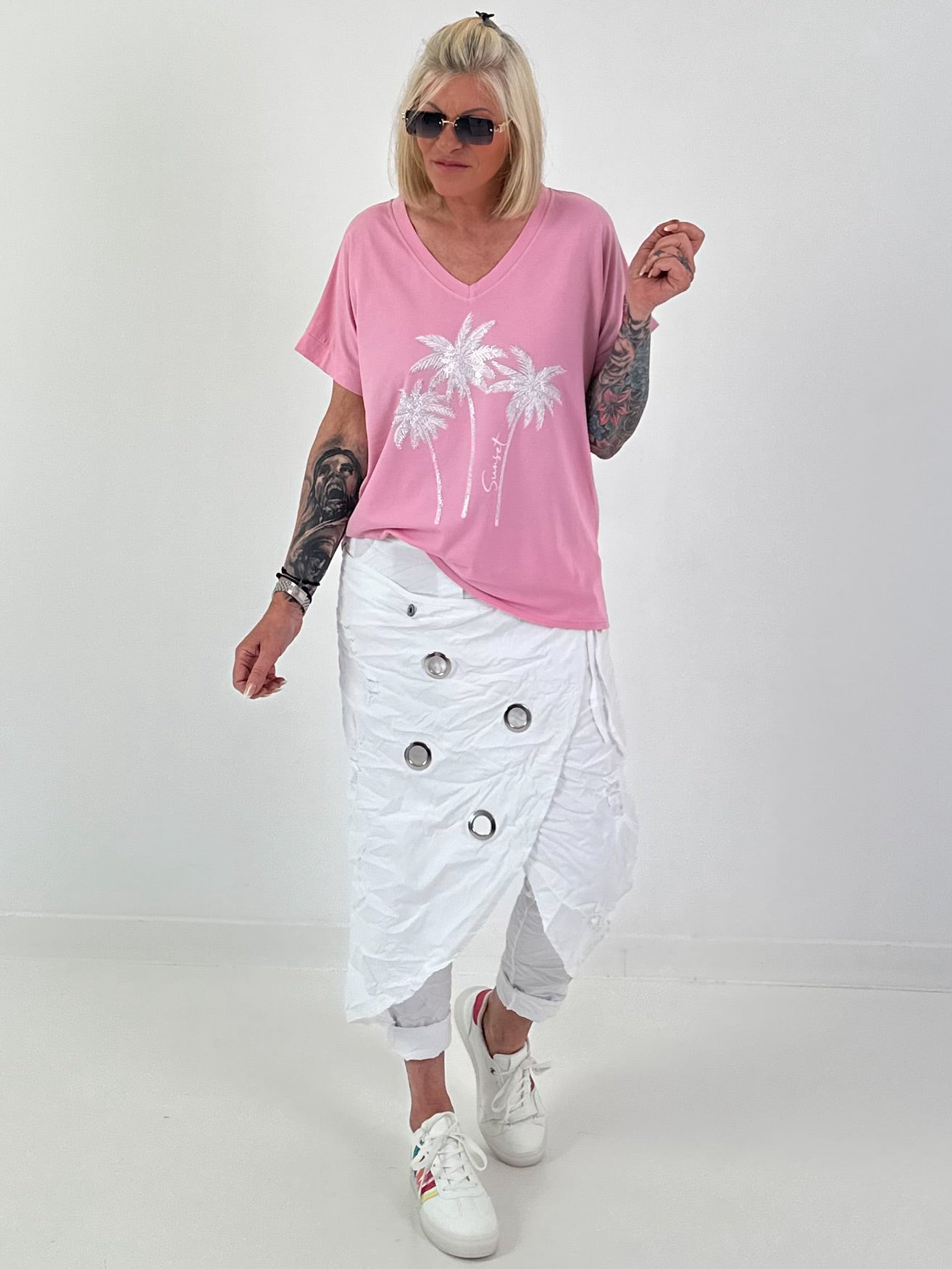 T-Shirt mit Glitzerpalmen - rosa