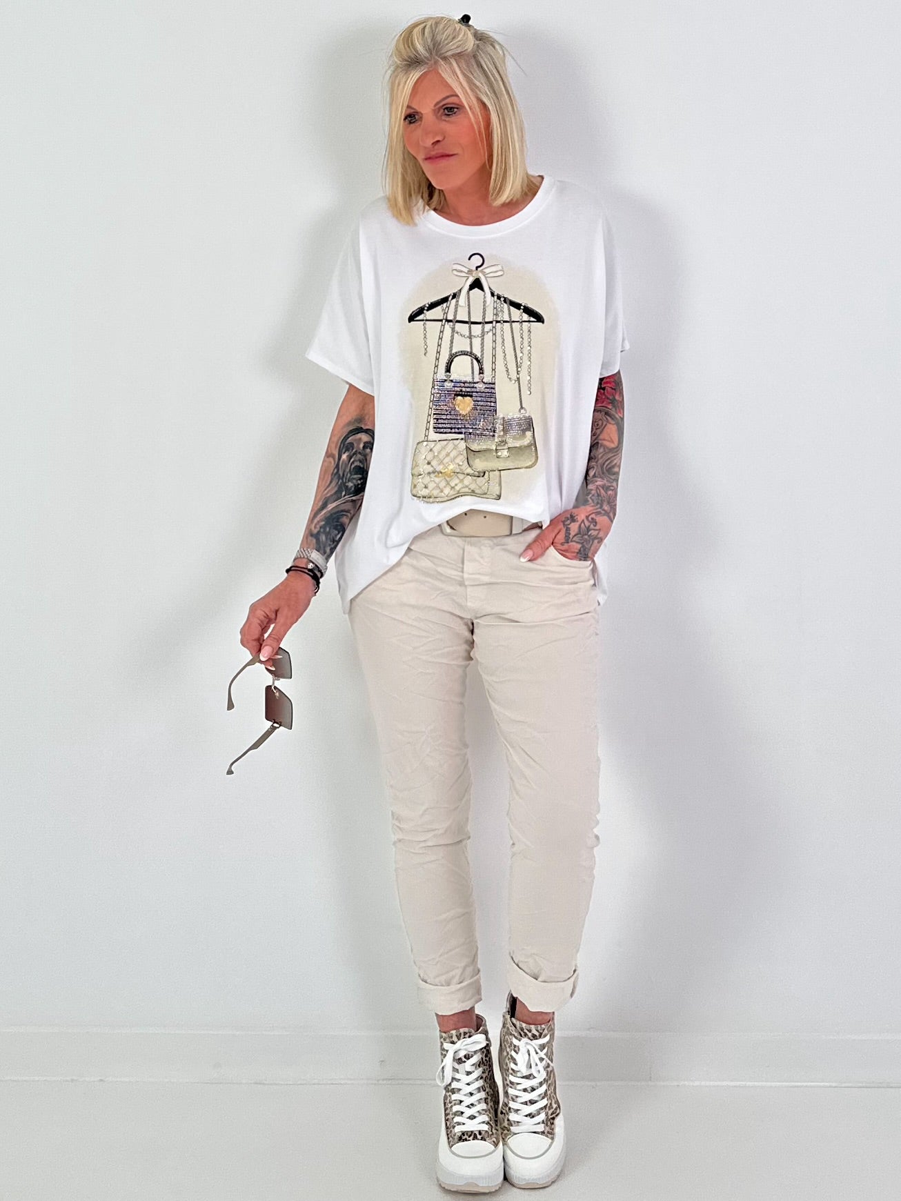 T-Shirt Glitzer-Bag - weiss-beige