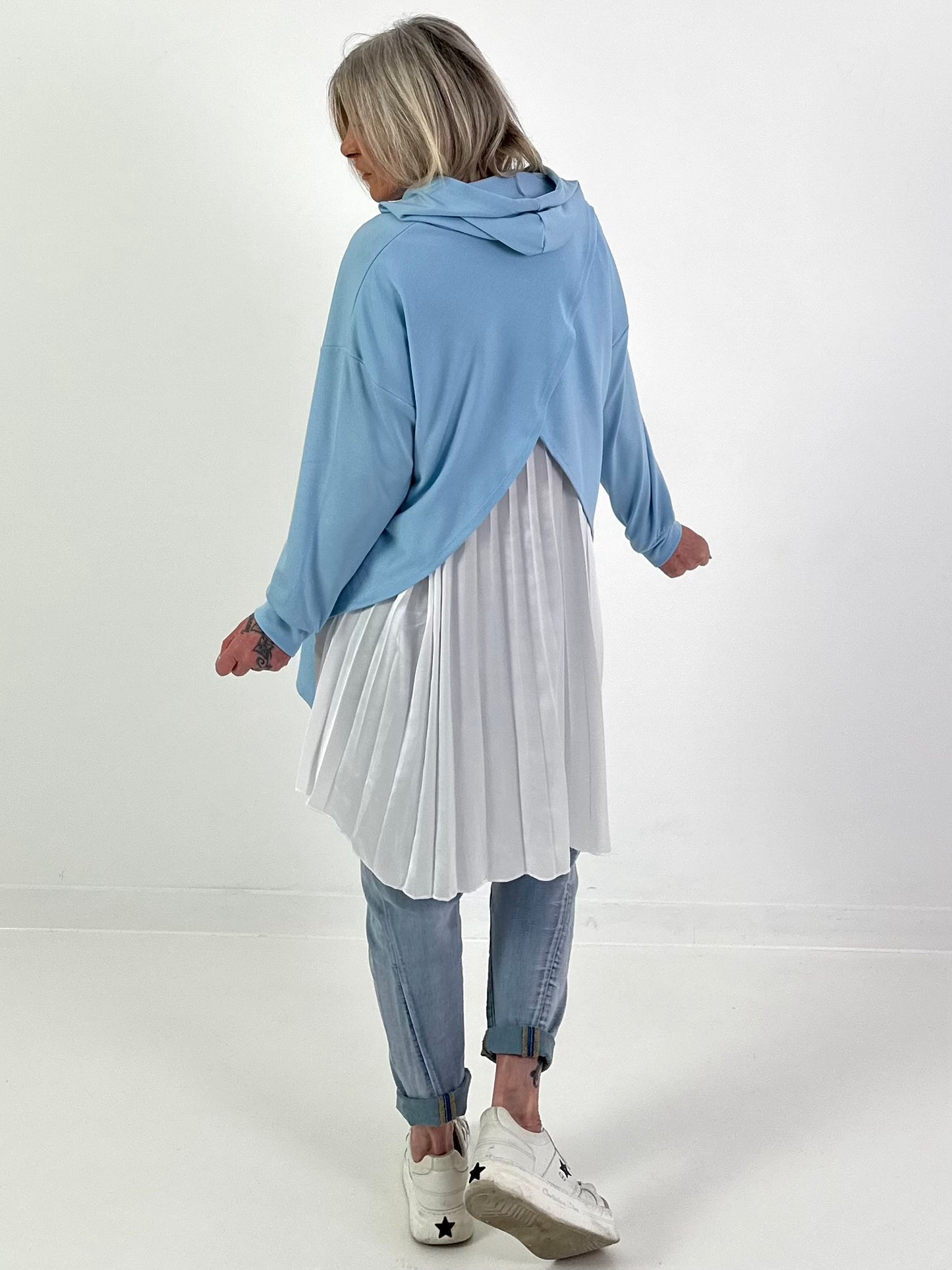 Long Hoodie mit Plissee-Einsatz - hellblau