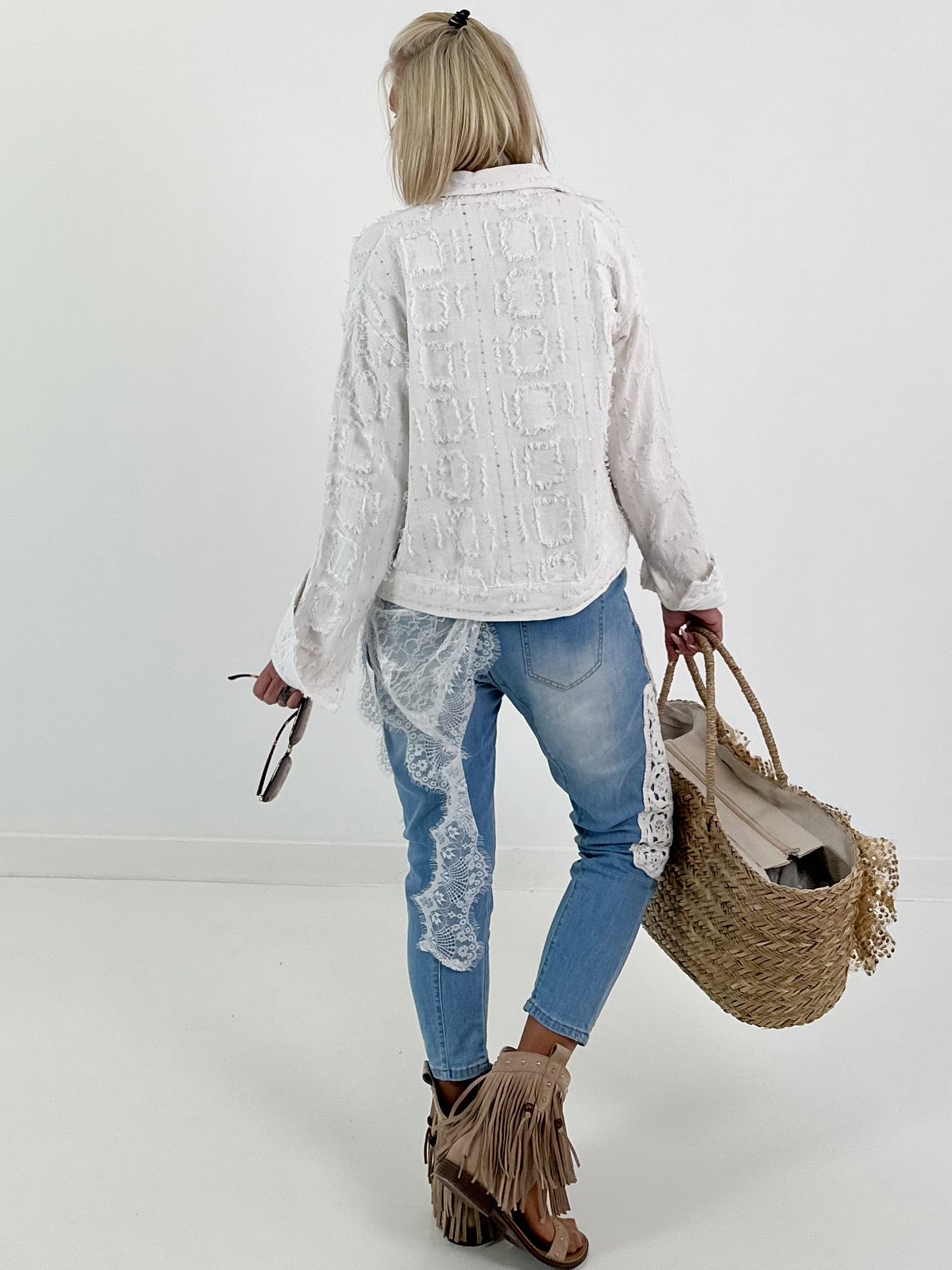 Boho Jacke mit Paillettendetails - weiss