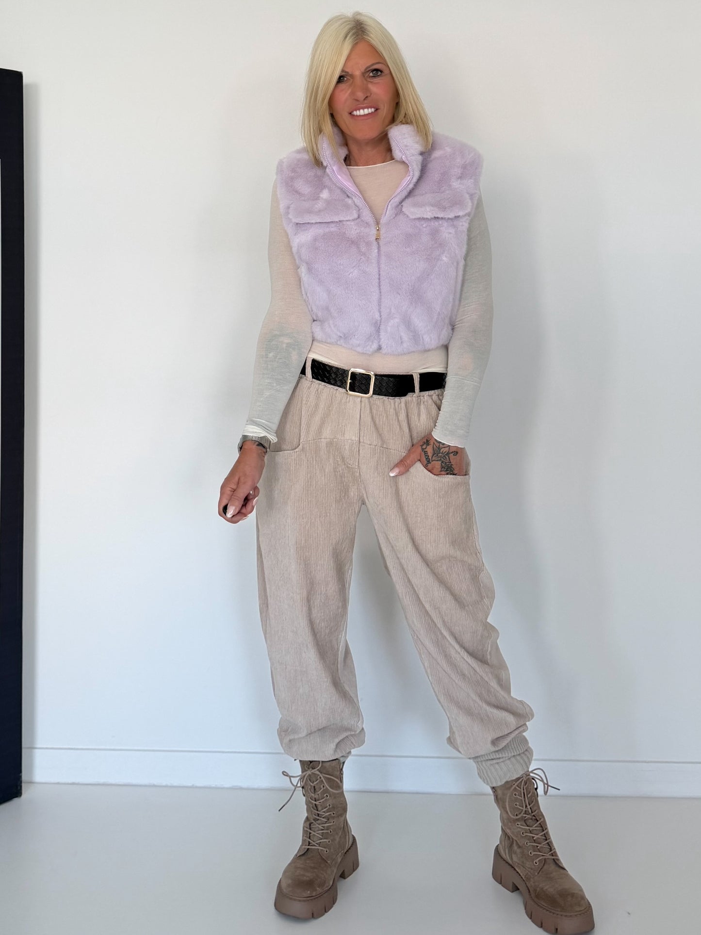 Bodywarmer in zachte imitatiebont-look - lila