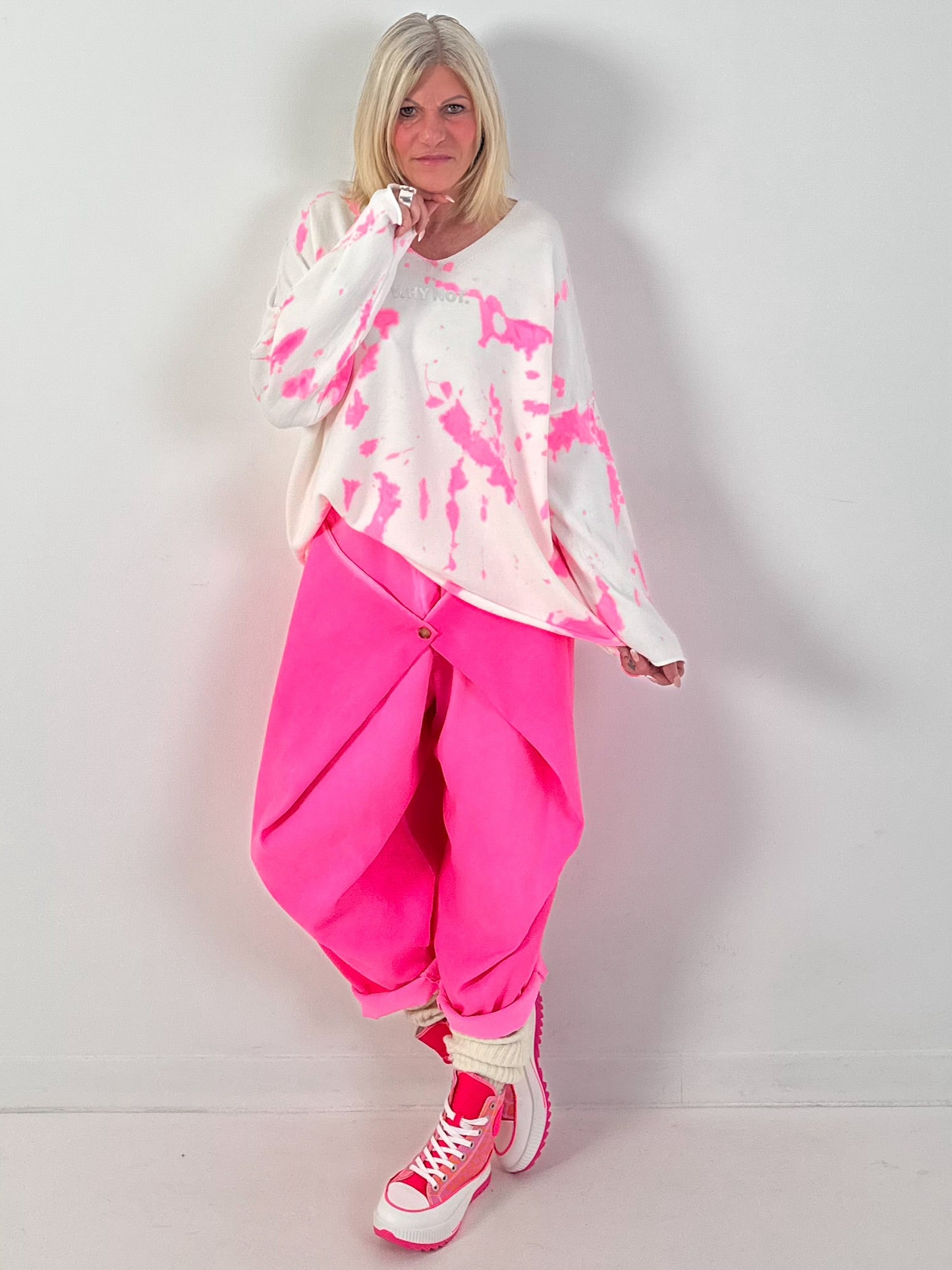 Suede-look trousers, model "Soft Layer" - neon pink