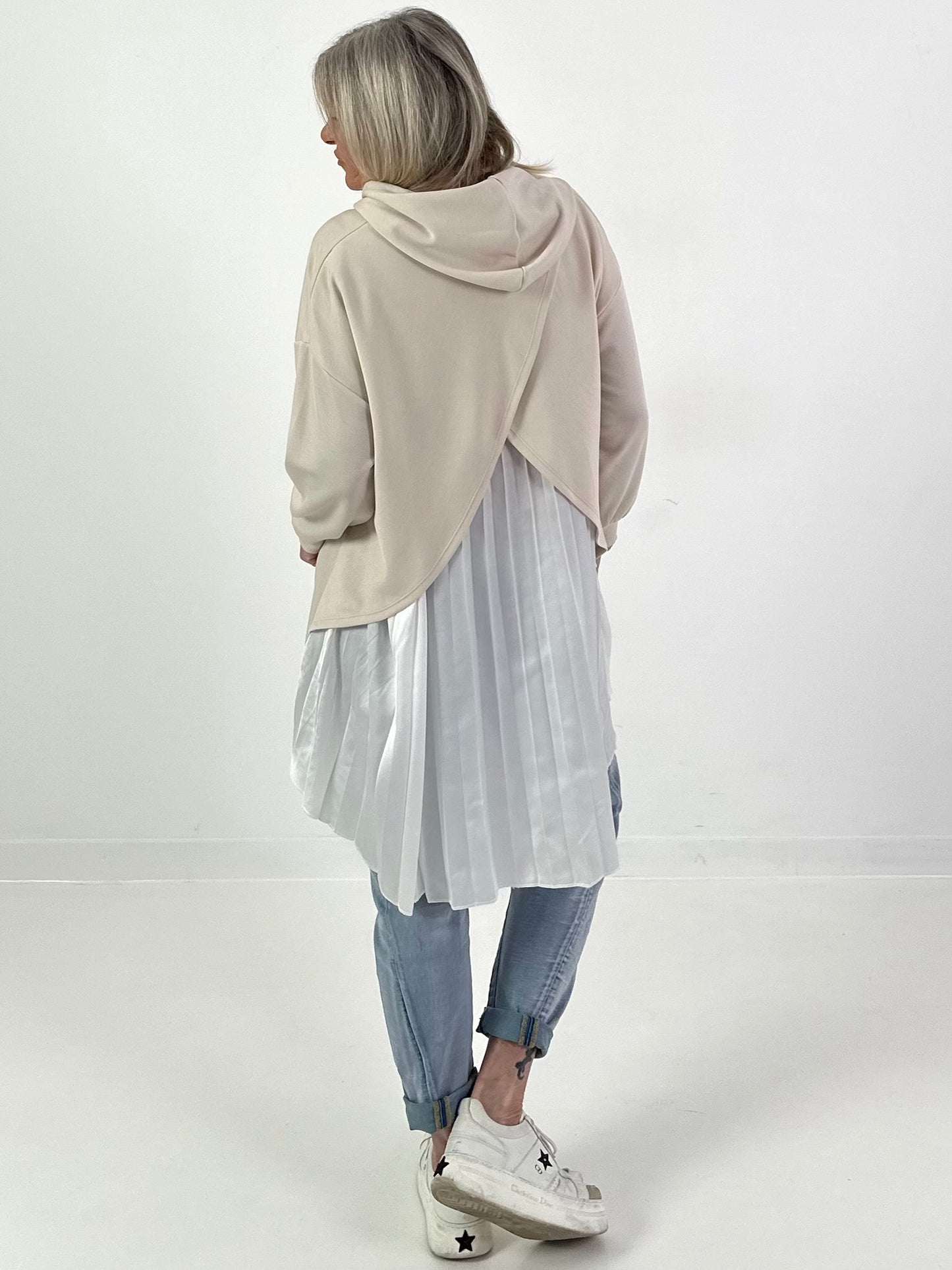 Long Hoodie mit Plissee-Einsatz - beige