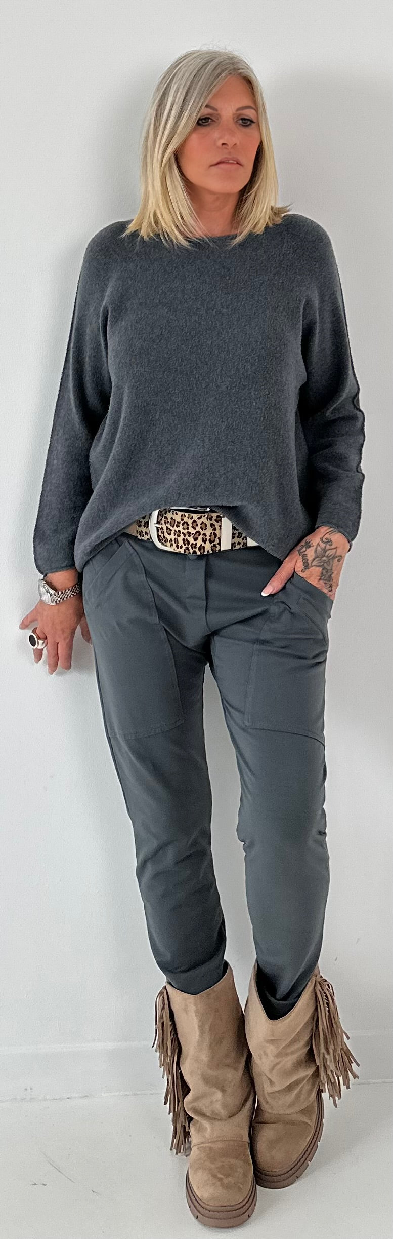 Stretch belt model "Blair" - beige-leo-silver