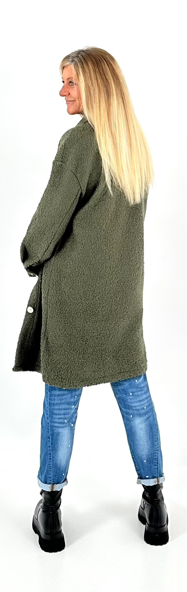 Boucle jas met patches model "Style" - olijfgroen