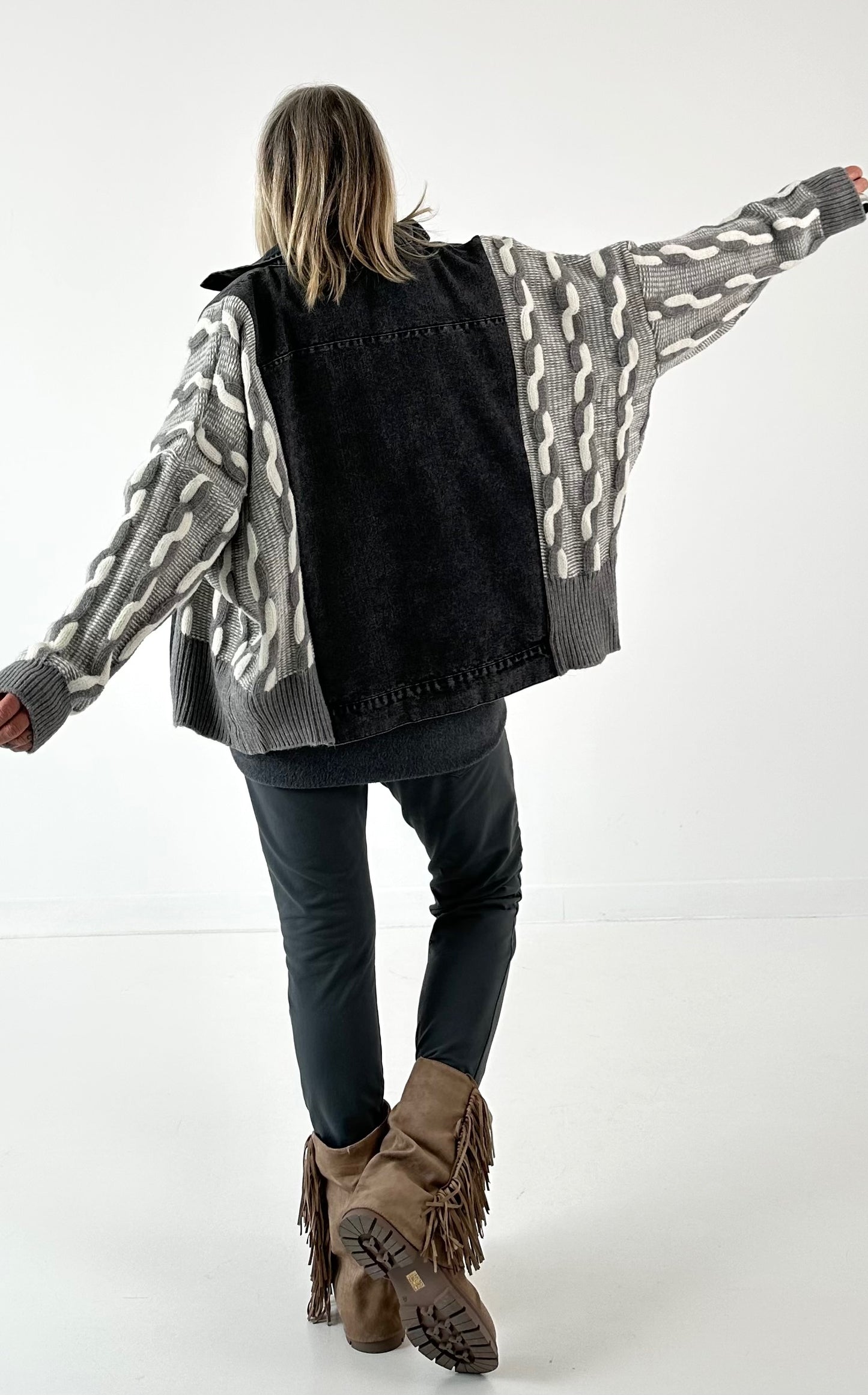 Oversized denim jacket with knitted inserts, model "Ash Grey" - grey-denim