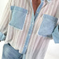 Bluse mit Strasssteinen und Denim-Details - weiss-denim