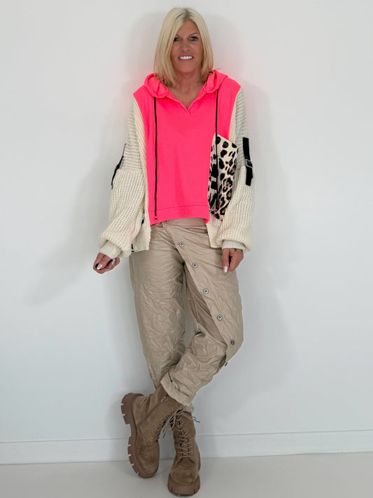 Oversized Grobstrick-Hoodie mit Sweat-Einsatz  - neonpink-ecru