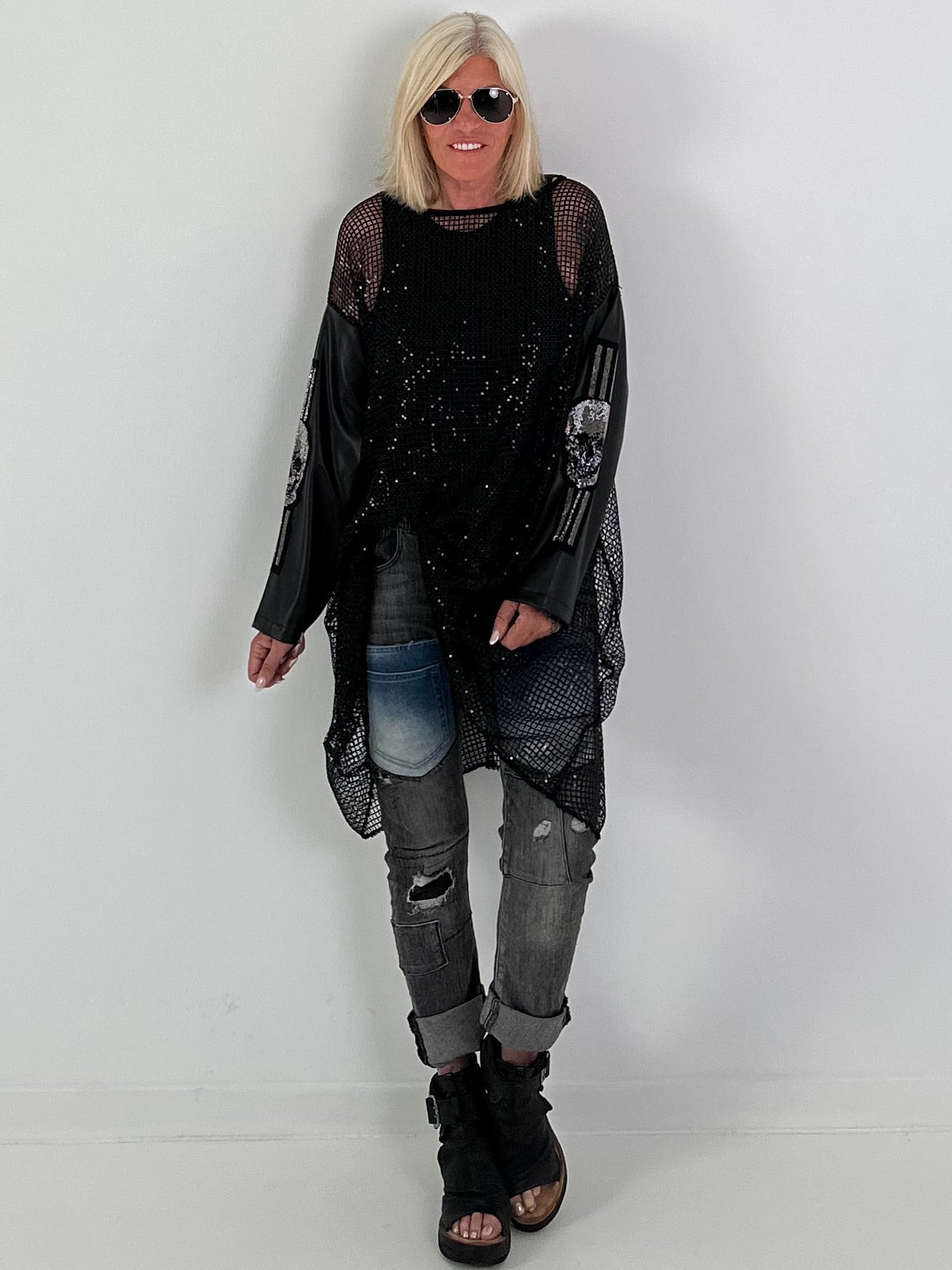 Stylish Long Mesh Shirt with Skull Details - black