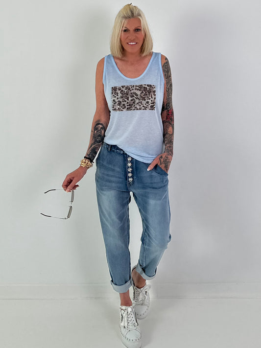 Fine knit top with leopard patch - light blue
