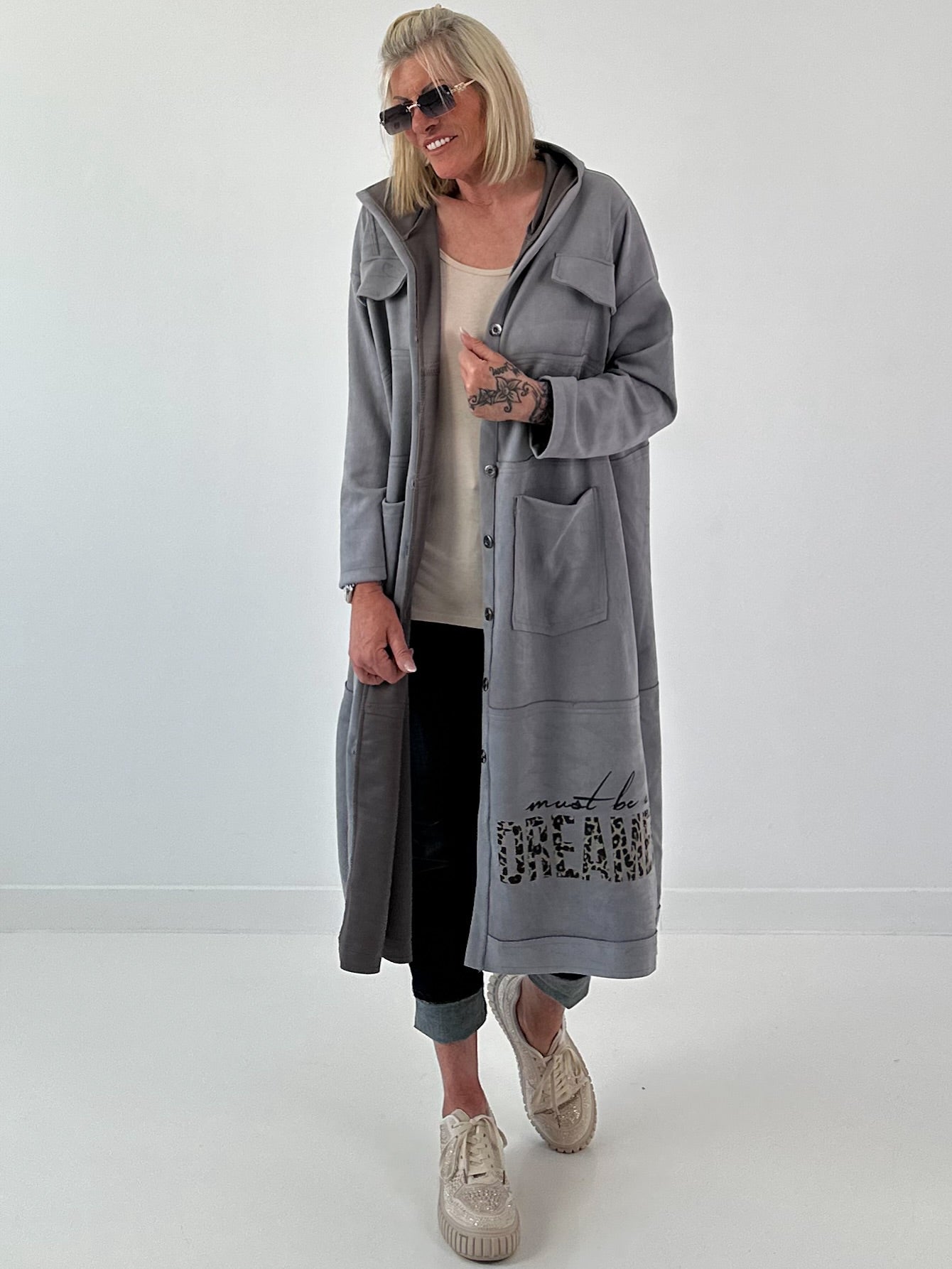 Hooded coat with print - gray