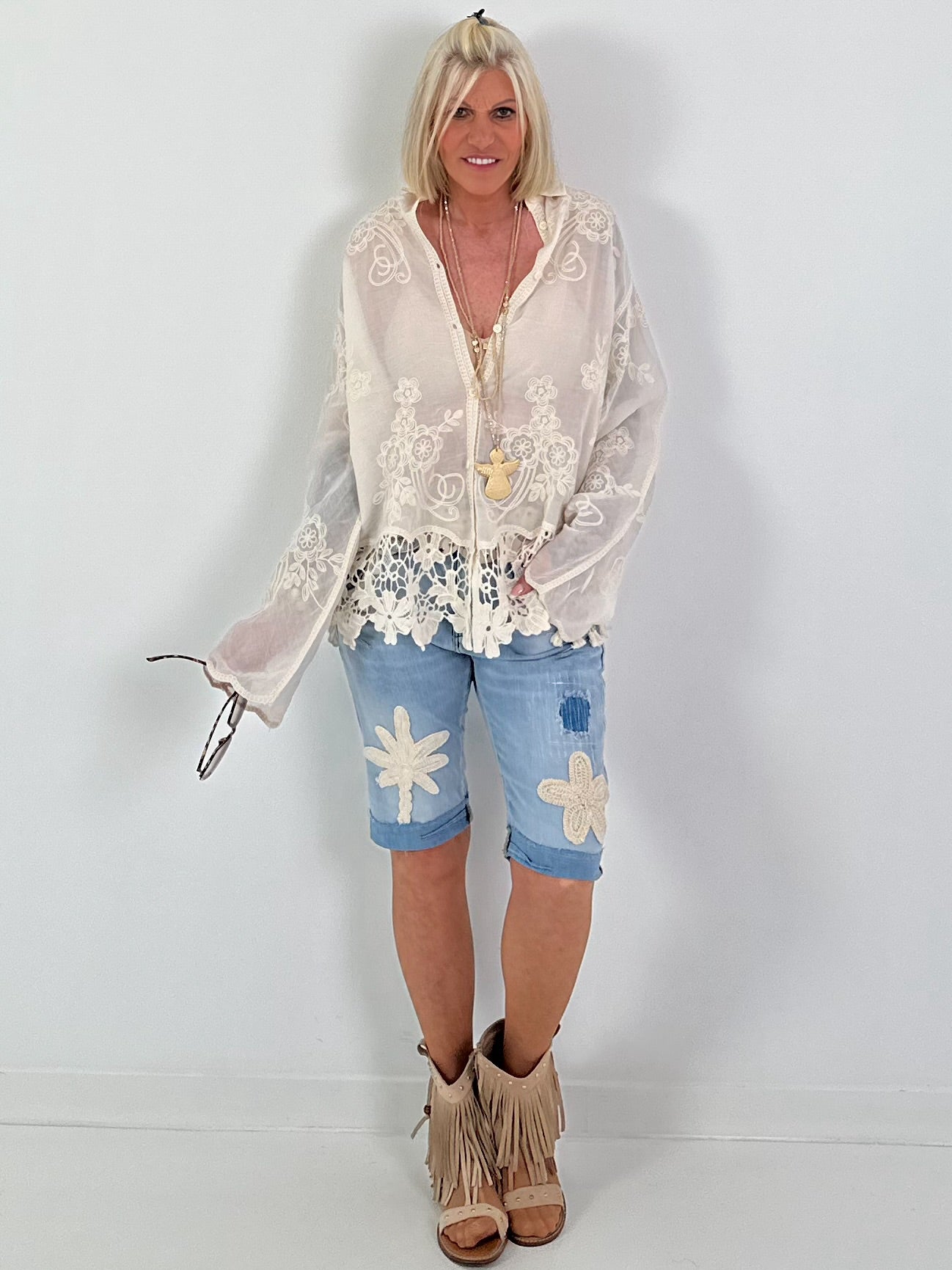 Boho Blouse with Crocheted Hem - beige
