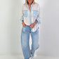 Bluse mit Strasssteinen und Denim-Details - weiss-denim