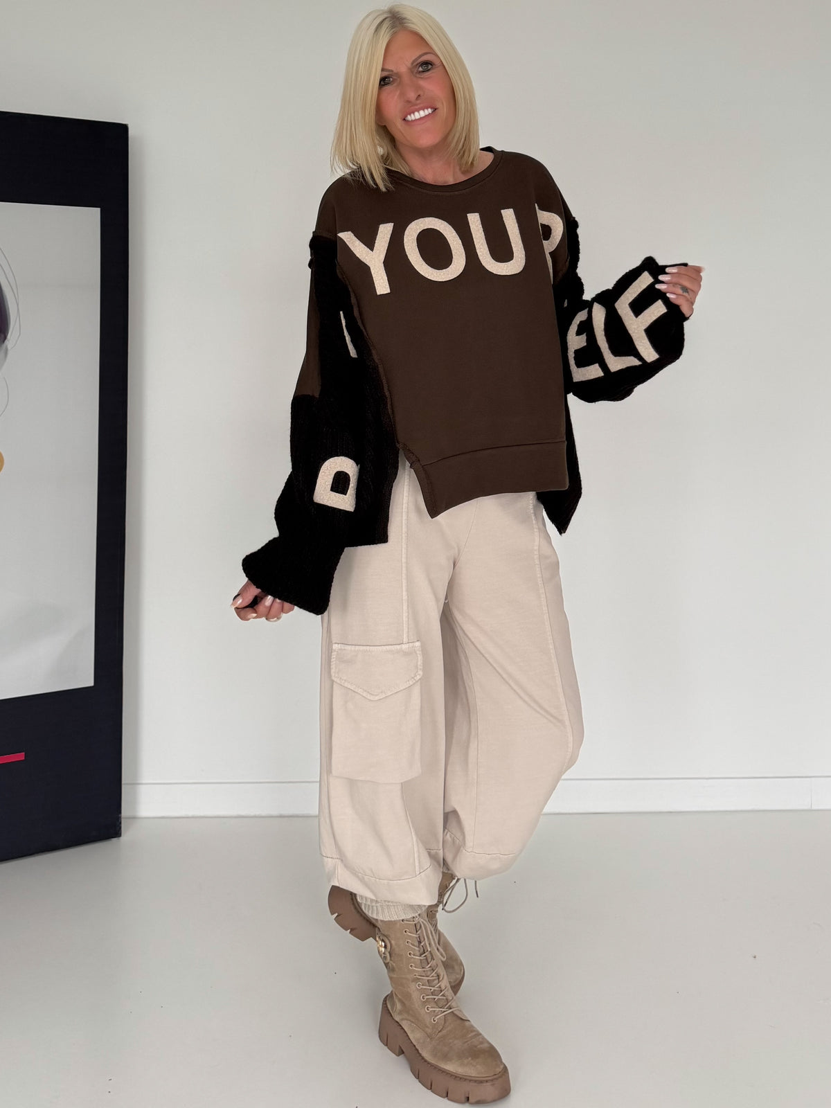 Sweater mit Strickeinsätzen - mokka