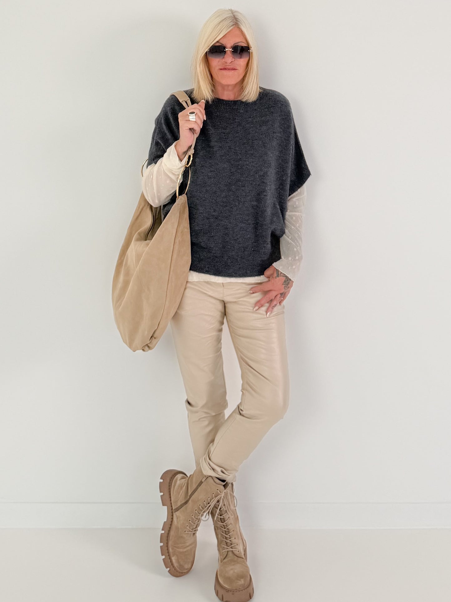 Vegan leather trousers with patch - beige