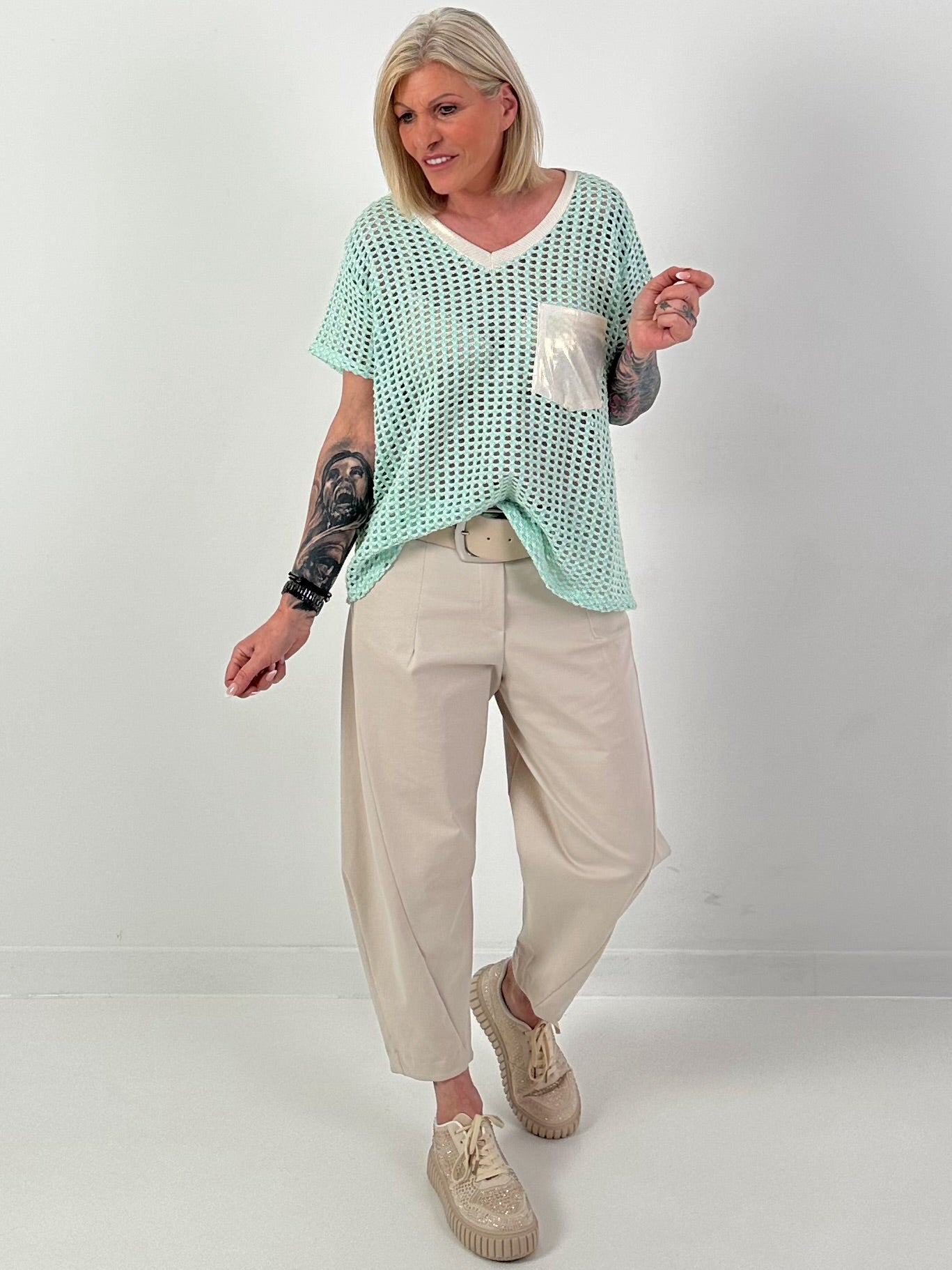 Häkelshirt mit V-Ausschnitt - mint