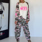Sweater with camouflage sleeves and 3D print - beige-olive-multi-coloured