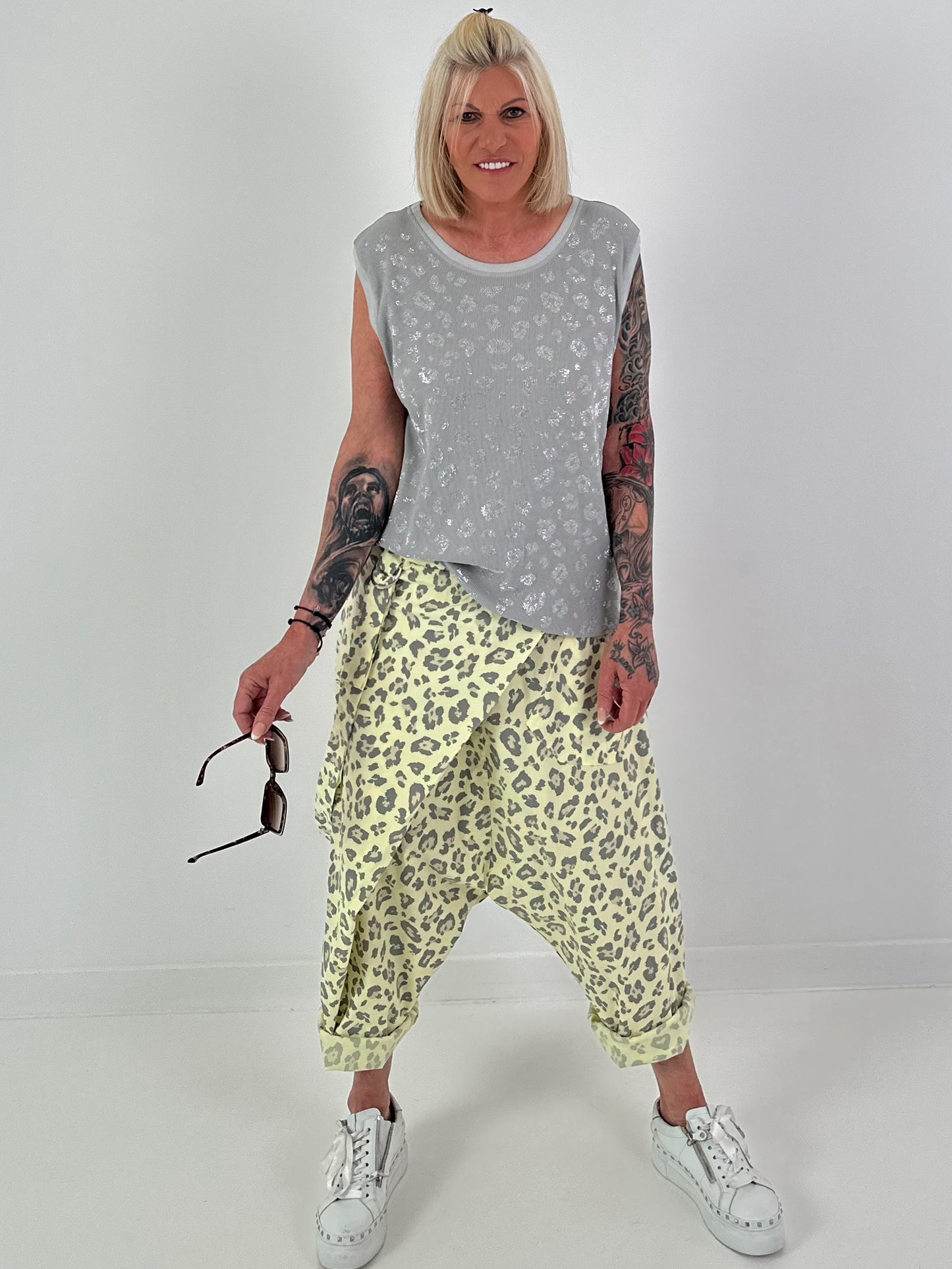Ribbed Glitter Leopard Top - Gray