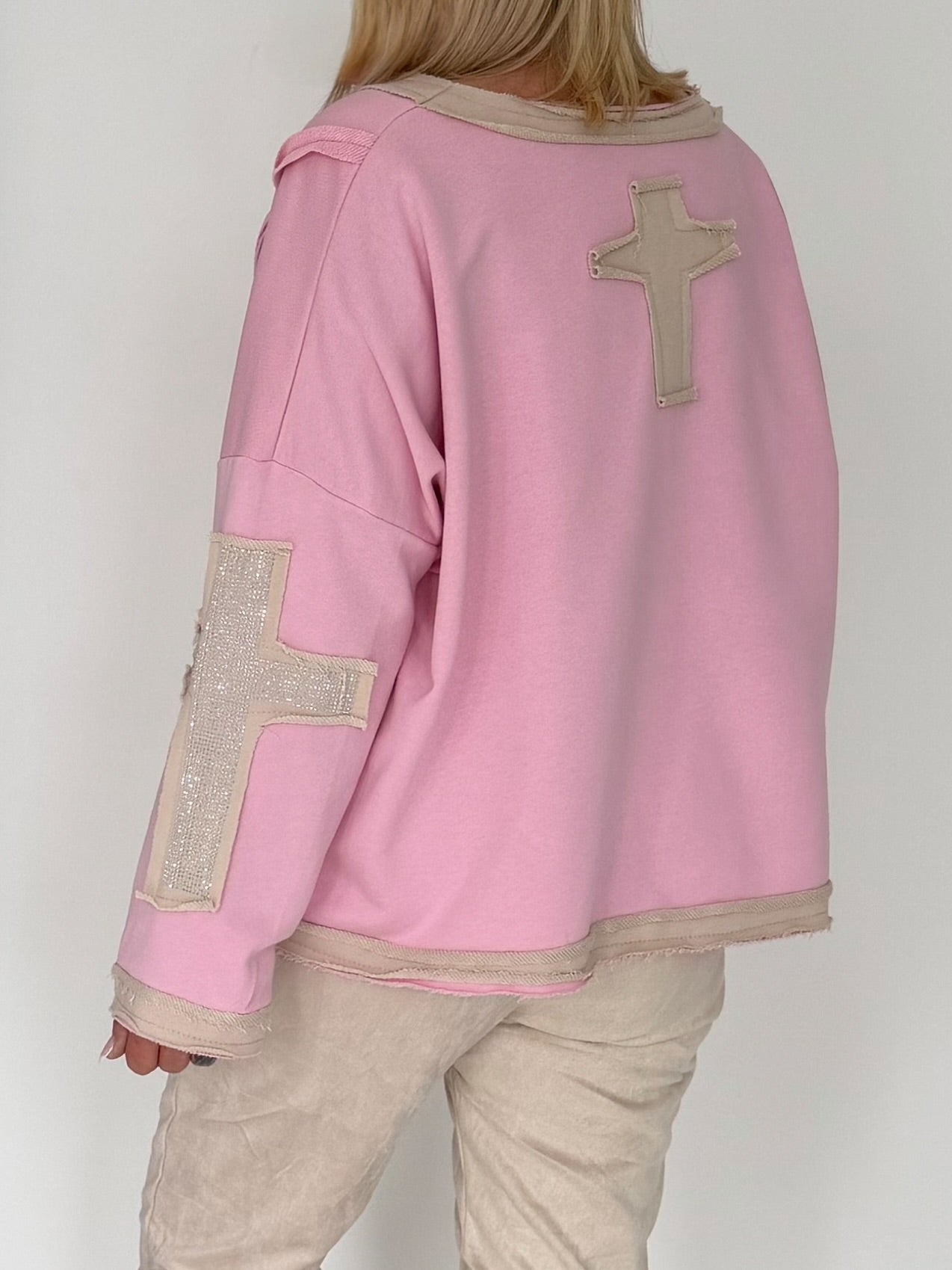 Oversized Sweater mit Strasskreuz - rosa-beige