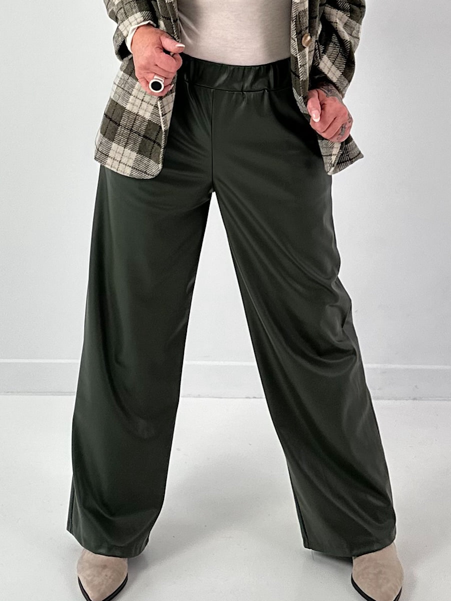 Leather-look trousers, model "Smooth Faux" - olive